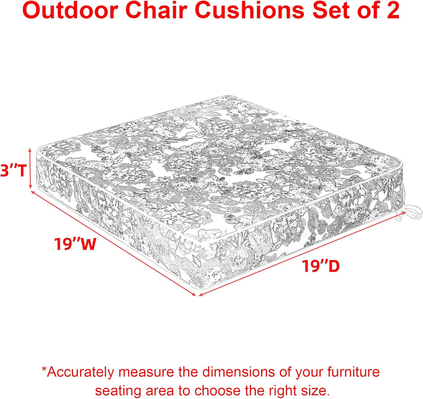 Favoyard Outdoor Chair Cushion 19 x 19 x 3 In Waterproof Pattern Fade Resistant Cushions for Patio Furniture with Removable Cover Attach Straps 28D Foam Insert Cushions Pads for Seat Sofa Couch 2 Pack