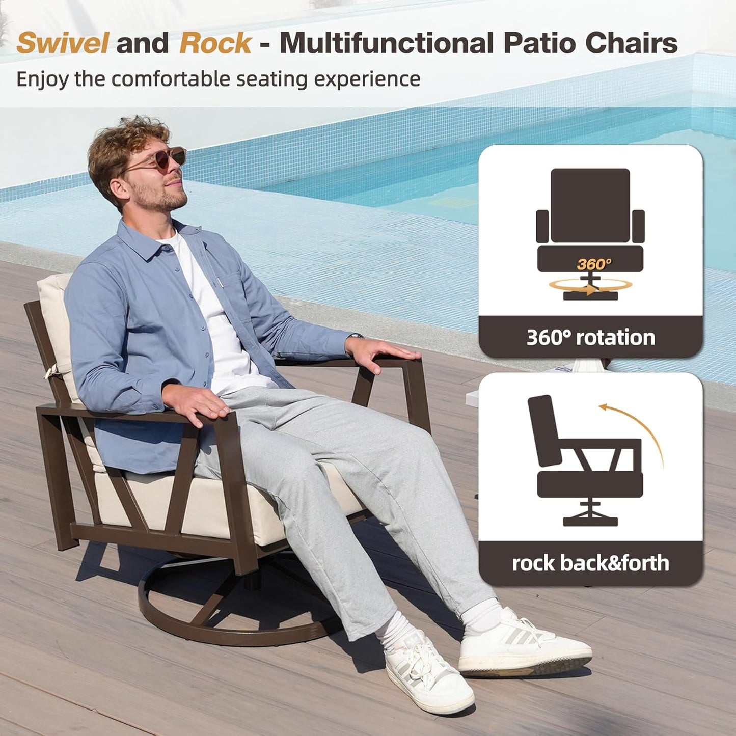 Outdoor Patio Swivel Rocking Chairs Set, Patio Porch Furniture with 6" Thick Cushions, 3 Pieces Outdoor Bistro Set with Coffee Table for Balcony, 350lbs, Upgrade Beige