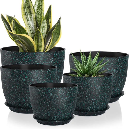 Plant Pots 10/9/8/7.5/7 inch Set of 5,Flower Pots with Multi Mesh Drainage Holes, Large Planters for Indoor Outdoor Garden Plants and Flowers. (Green Speckles)