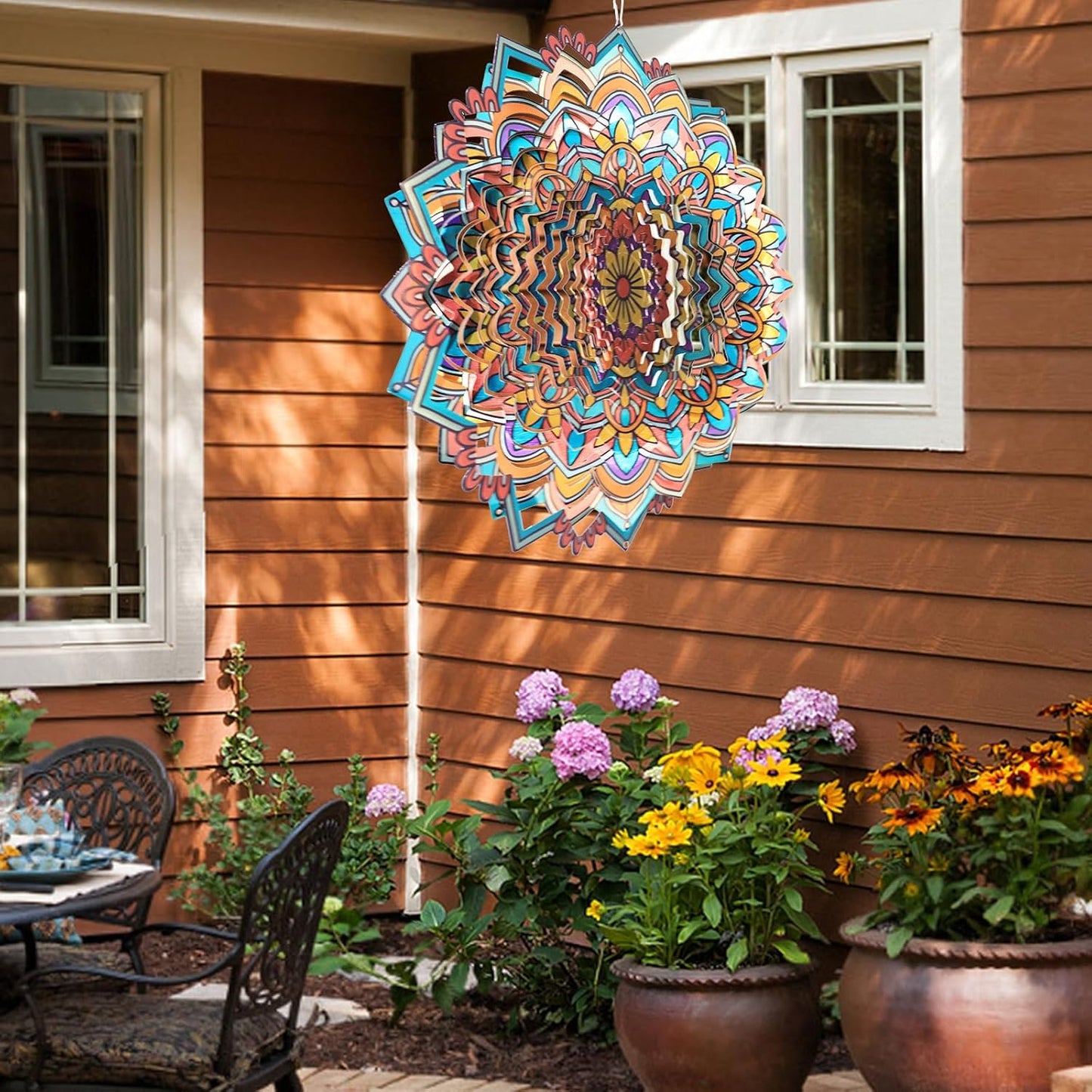 Mandala Daisy Wind Spinner - 12In 3D Kinetic Metal Wind Spinners, Stainless Steel Laser Cut Hanging Wind Sculpture, Indoor/Outdoor Garden & Yard Art Decor Gifts for Women, Men & Holidays