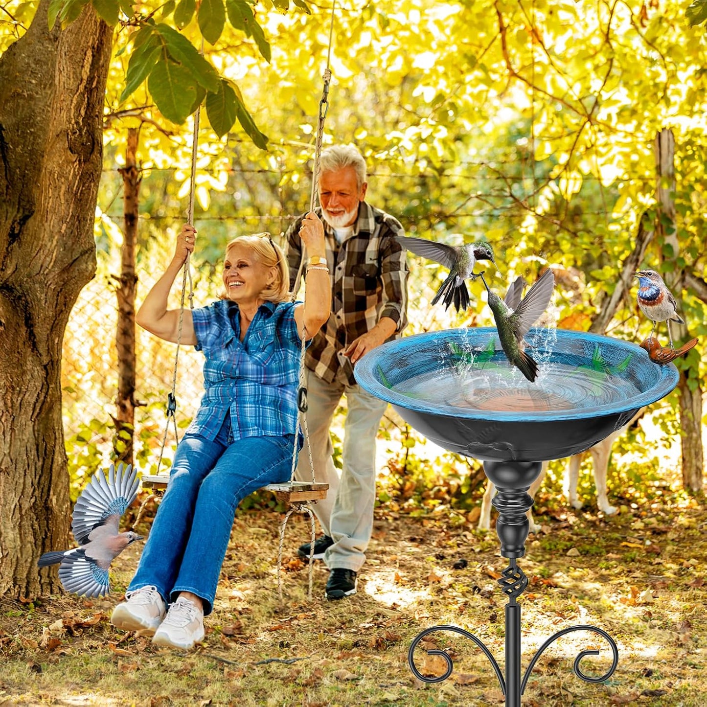 35.4" Tall Bird Bath for Outside, Vintage Metal Birdbaths Bowl with 5 Prong Bases for Outdoors, Freestanding Birdfeeder with Hummingbird Carving for Garden Yard Lawn Decor (Retro Blue)