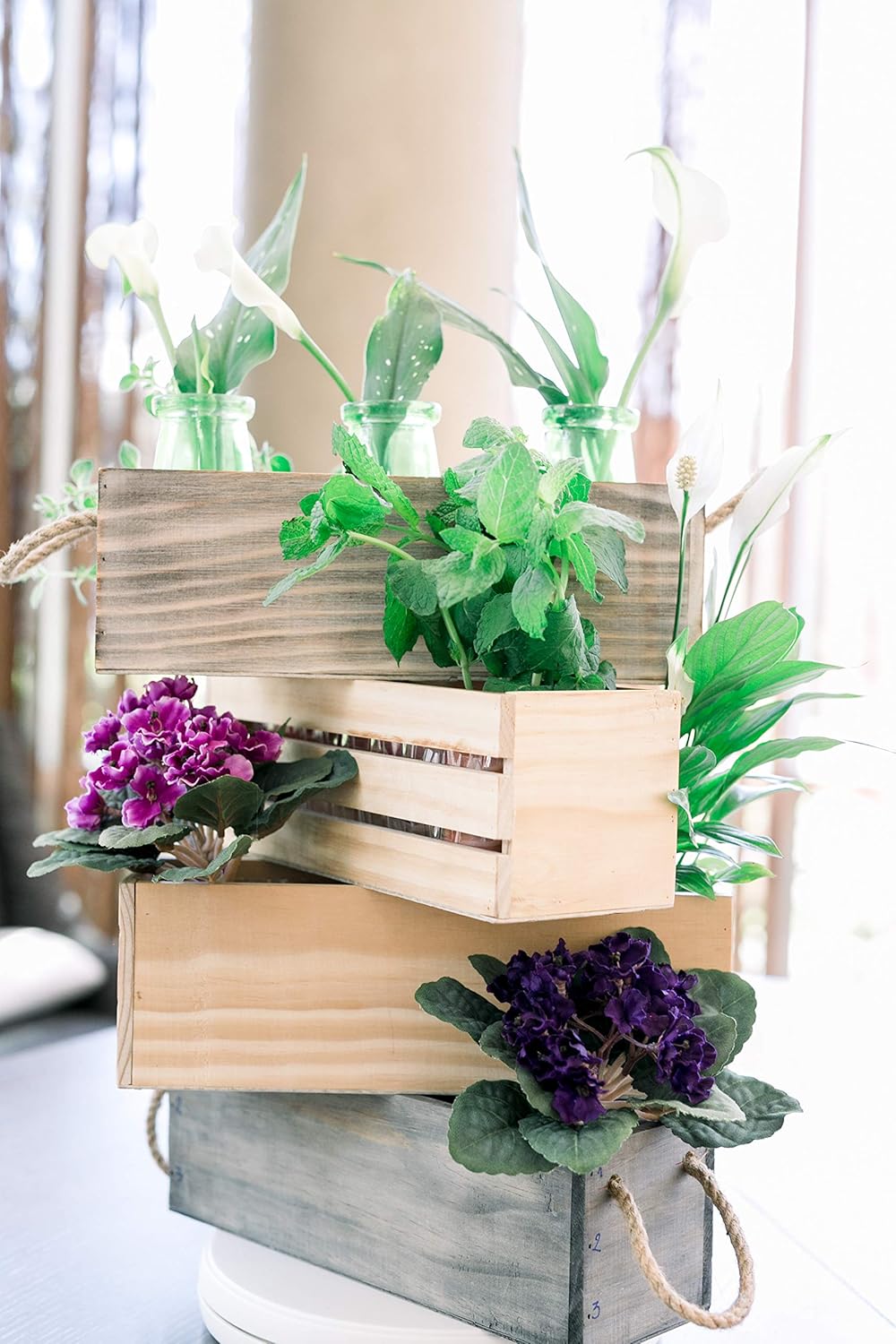 Wooden Planter Box with Handle, Rose Wood, Plastic Liner l Garden Decor l Restaurant and Wedding Decorations l Wedding Bouquets, Table Centerpiece, 12 x 4 Inches, (12x4 w Handle Set of 4, Rose Wood)