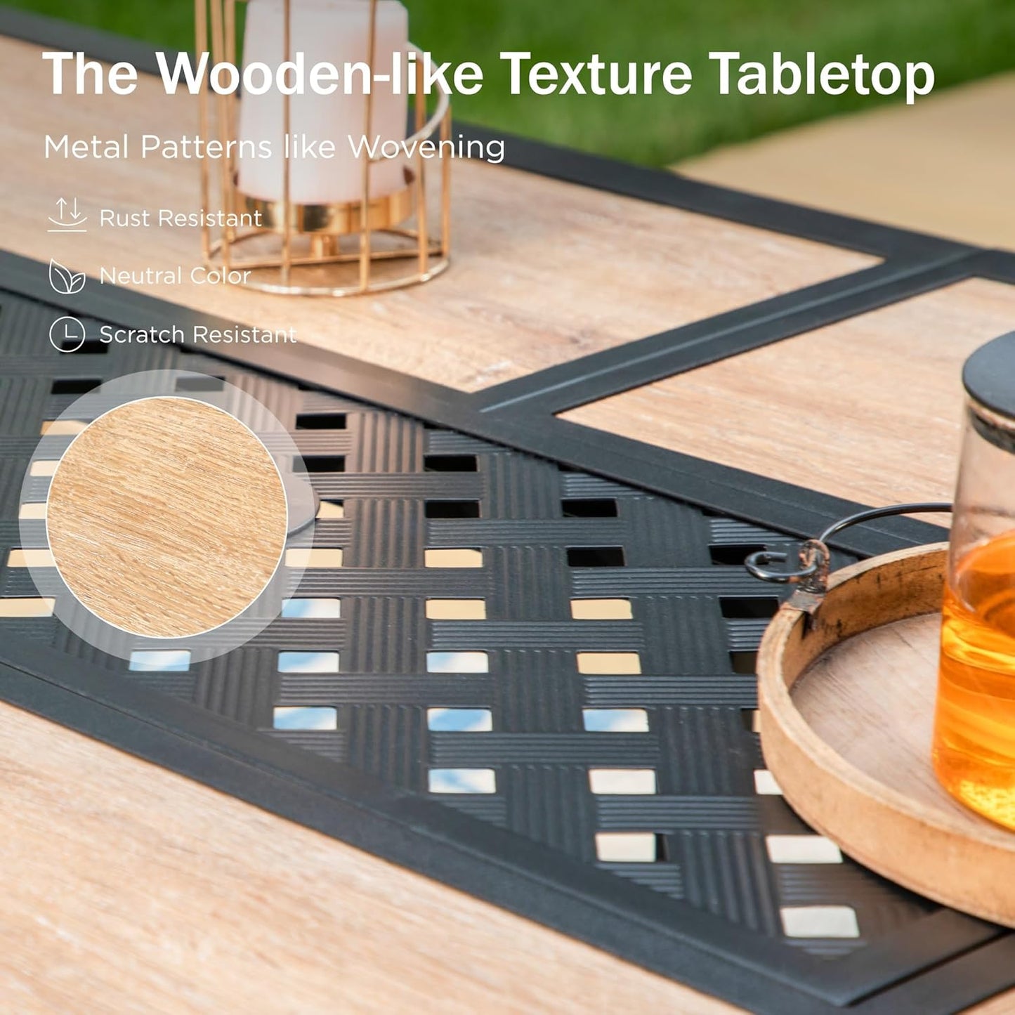 PHI VILLA Outdoor Dining Table for 6, Rectangular Metal Wrought Iron Table with Polywood Tabletop and Umbrella Hole, Large Heavy-Duty Furniture for Patio, Deck, Yard, Porch