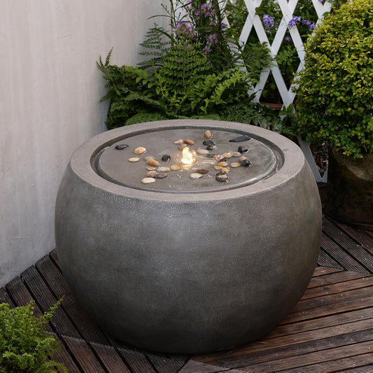 Garden Water Fountain Outdoor Large Round Bubbler Water Feature Indoor with Lights & Pump and Pebbles Concrete Effect for Patio Pool Pond Yard Home Decor Gray, 25 "L X 25" W X 17.5" H