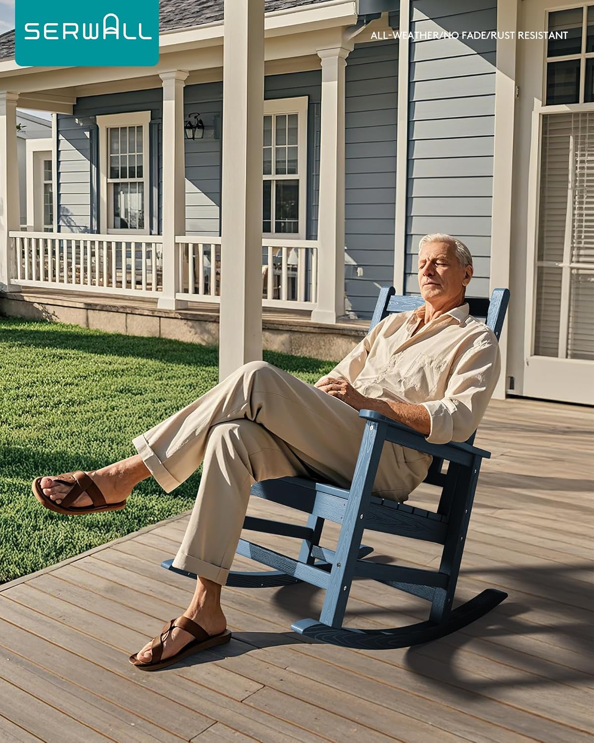 SEWALL HDPE Rocking Chair, Oversized Outdoor Rocking Chair for Adults, Patio Rocker for Porch, Blue