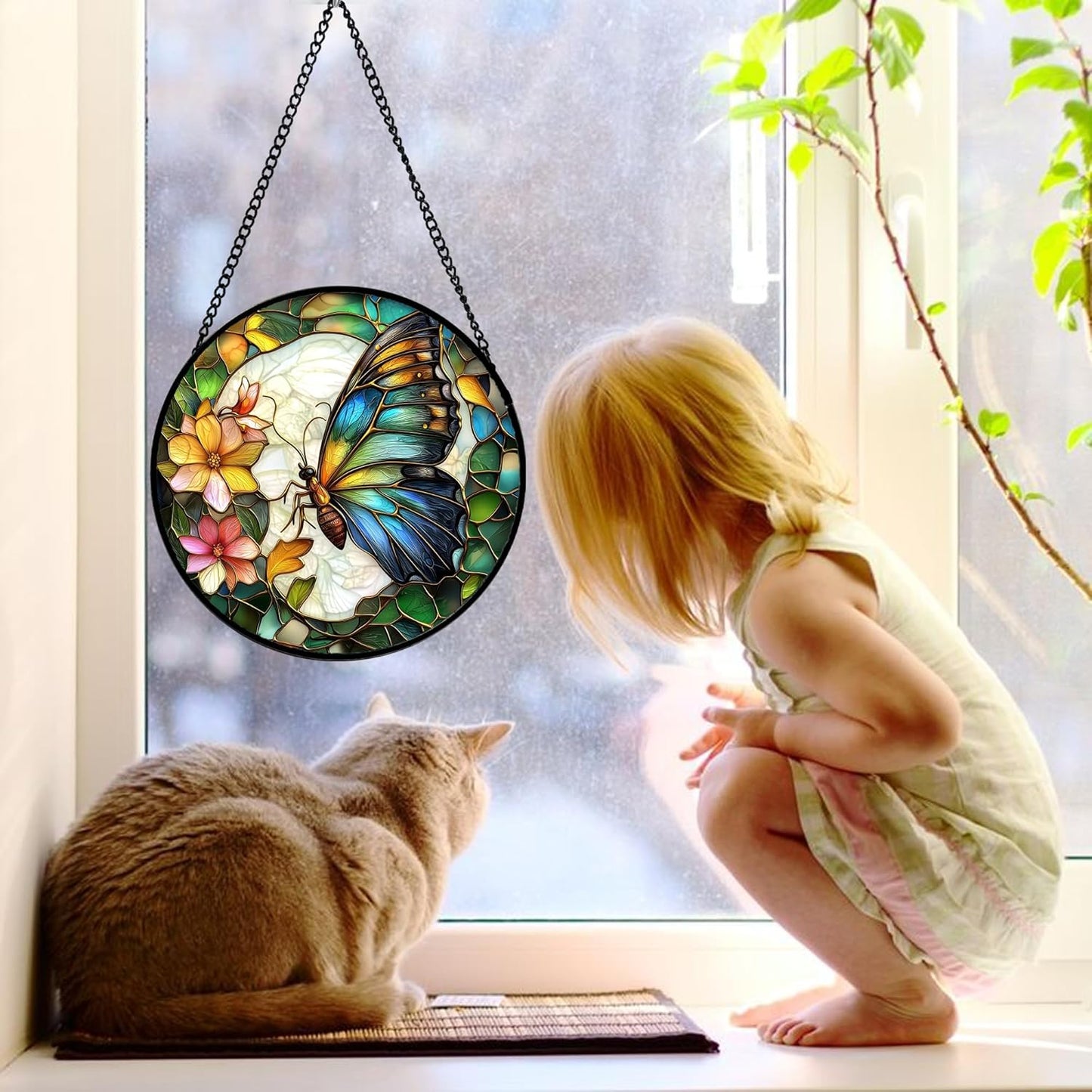 Stained Glass Window Hanging, Butterfly Flower Sun Catchers Diamond Glass Panel Hangings Insect Suncatcher Decor for Birthday for Women, Men, Wife, Aunt, and Mom 15x15 in