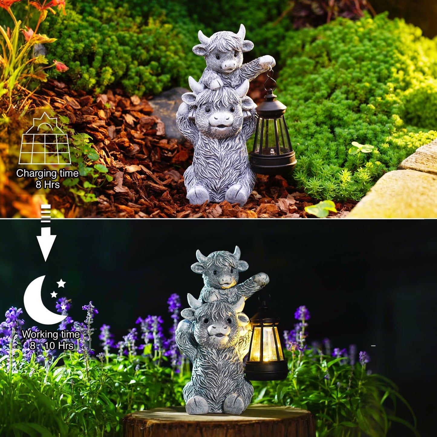 Goodeco 9.5 Inch Highland Cow with Solar Lantern – Resin Garden Decor, Outdoor Statue & Unique Highland Cow Gifts (Gray)