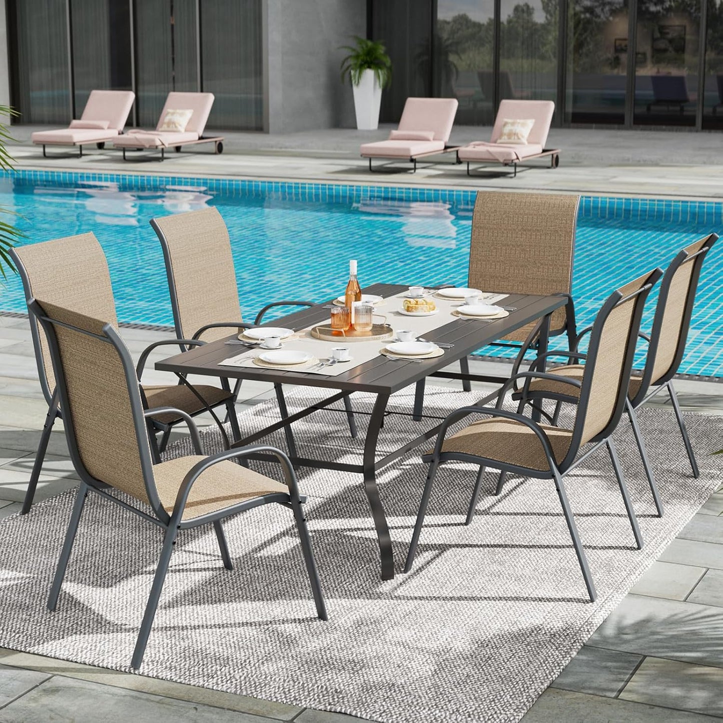 UDPATIO Patio Dining Set of 7, Outdoor Table and Chairs Set with Square Metal Table, 6 Stackable Patio Chairs with High Back, Outdoor Furniture for Deck Garden Backyard Lawn Poolside (Brown)