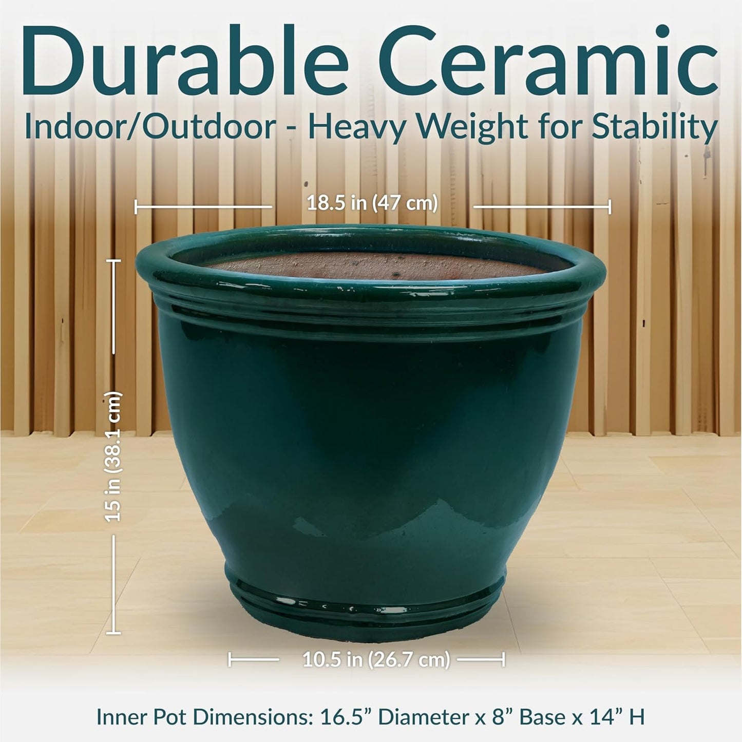 Sunnydaze Studio Large Ceramic Plant Pot - Round Outdoor Glazed Ceramic Planter Pot with Drainage - Dark Green - 18.5 in