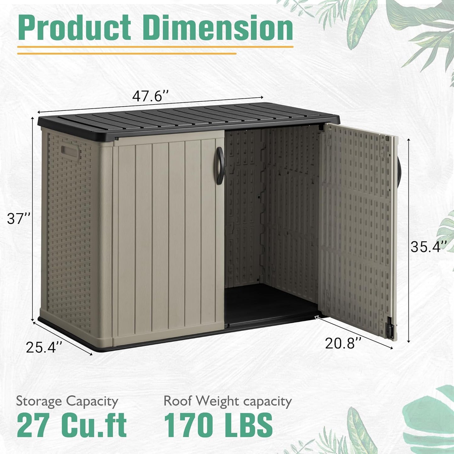 Greesum Outdoor Horizontal Storage Sheds 27 Cu.ft Resin Large Storaged Box Weather Resistance, Without Shelf, Easy to Assemble, Prefect for Garden, Patios, Backyards, Beige