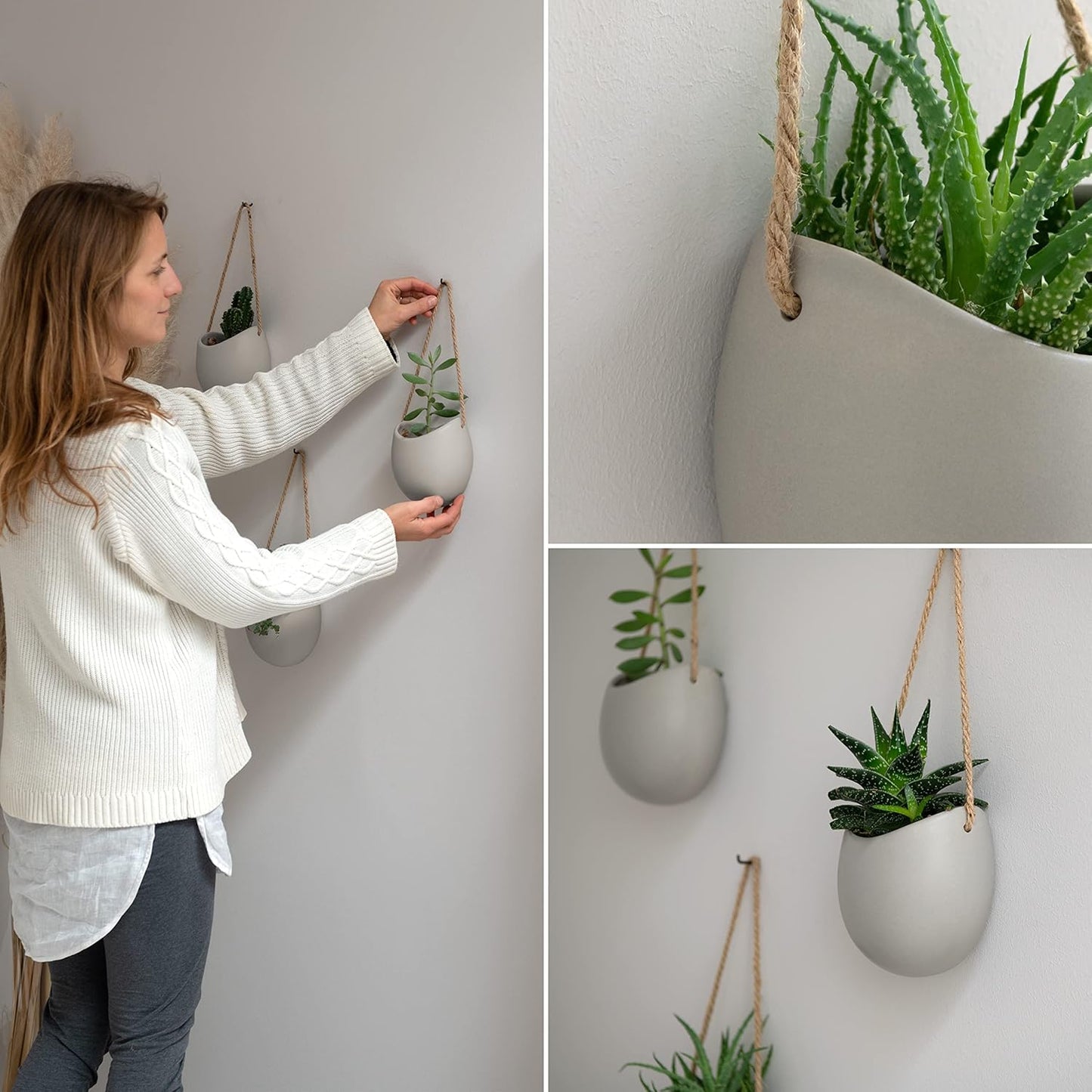 Kazai. Wall Planters -Ellie- | Hanging Ceramic Plant Pots 3 Pieces | Wall Decoration for Indoors, Balcony and Garden | Light Grey (Matte)