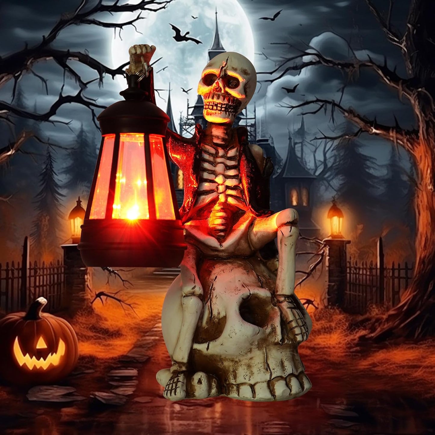 2025 Solar Halloween Decorations Outdoor,Skeleton Figurine Halloween Table Decoration for Outdoor,Skull Statue with Red LED Lantern,Skull Decor for Patio Lawn Yard Balcony Garden Home