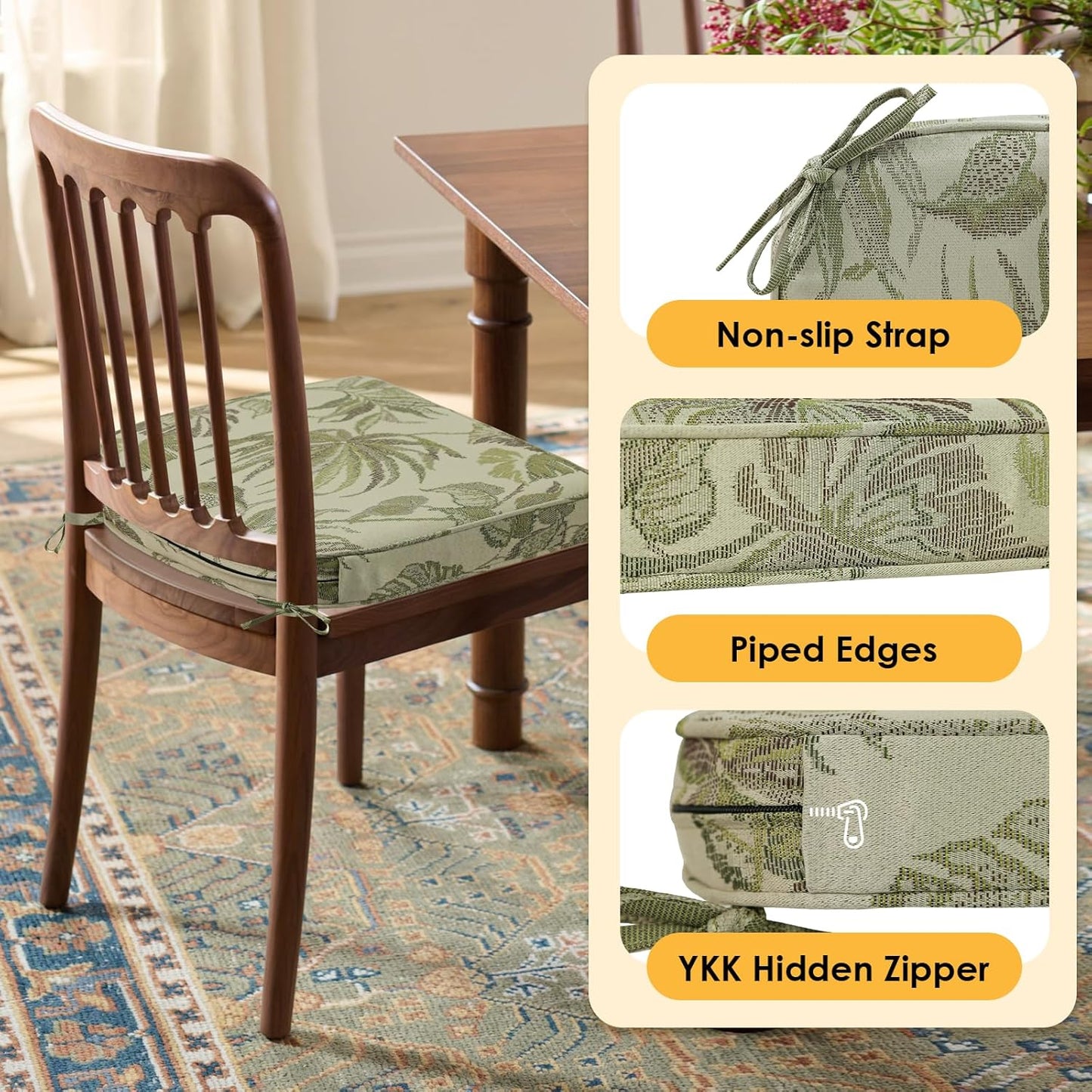 Outdoor Round Corner Seat Cushion, 17"x16"x2", Set of 4, Non Slip Seat Cushion Pads with Removable Cover for Patio Furniture, Garden Yard Lawn, Dark Green Vine