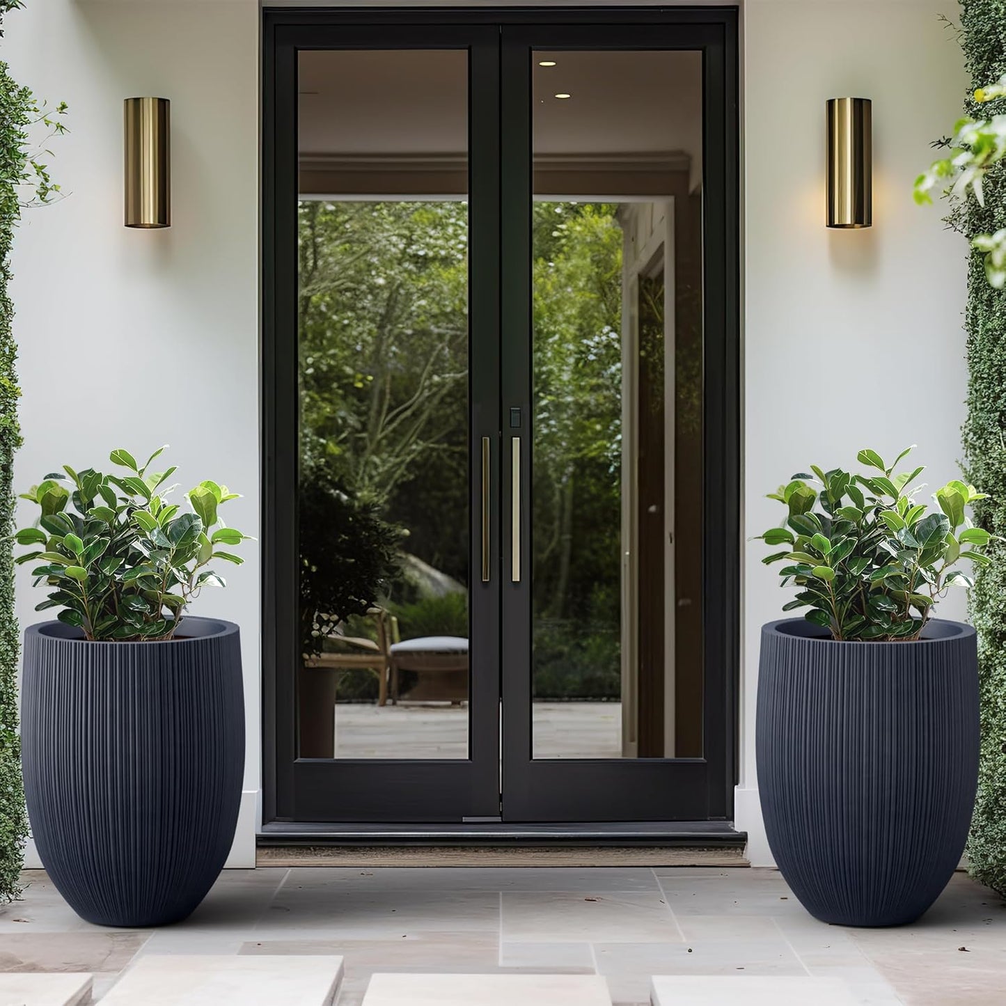 Kante Round Fluted Concrete Planter, 16.9-Inch Dia Barrel-Style Pot with Drainage Hole, Charcoal Finish with Warm Brown Interior, 13.7" Opening, for Indoor and Outdoor Use