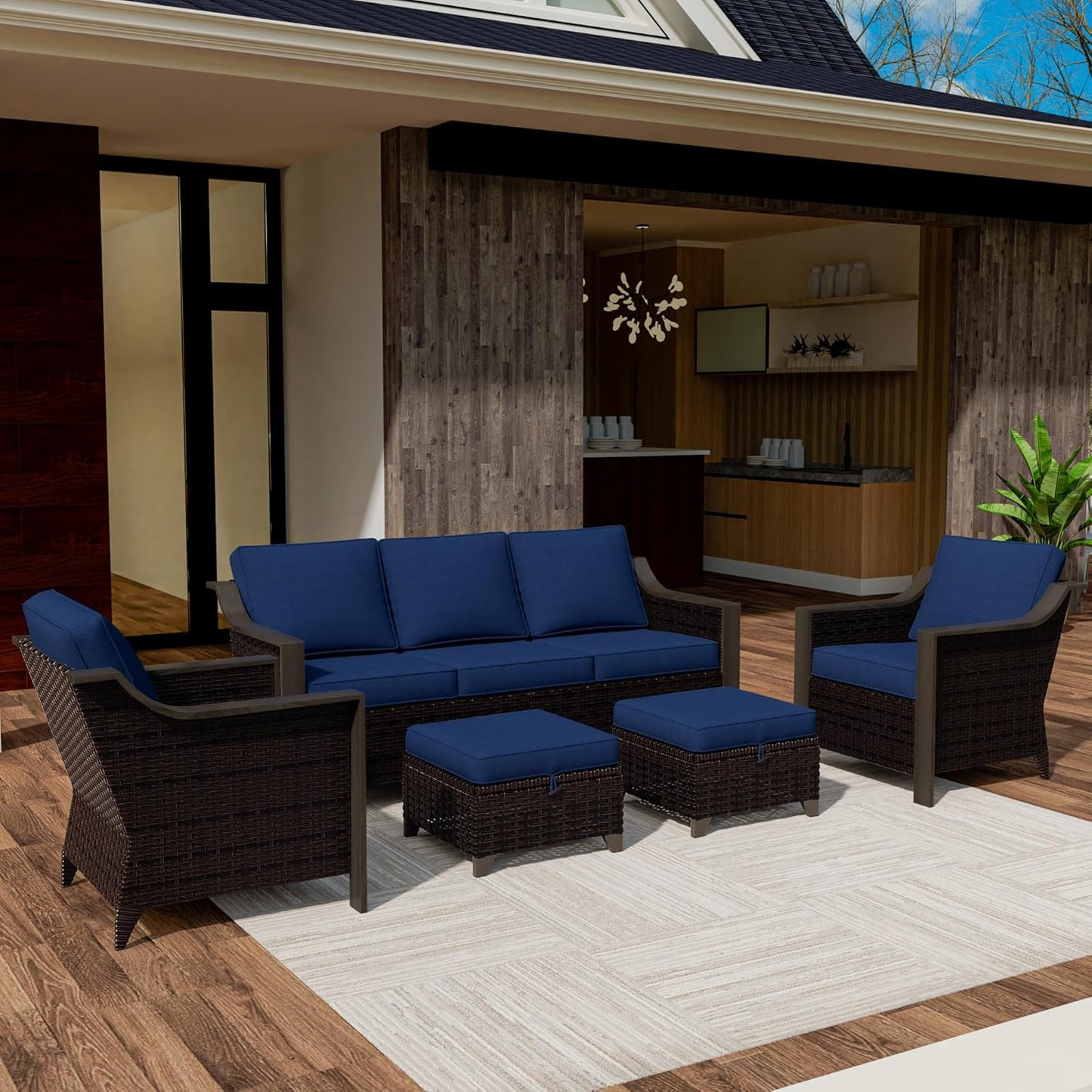 5 Piece Wicker Patio Conversation Set, All-Weather Use Outdoor 2 PE Rattan Chair, 2 Ottoman, 1 Patio Sofa, Removable Water-Resistant Cushion, Ideal for Porch, Backyard, Balcony, Poolside, Blue