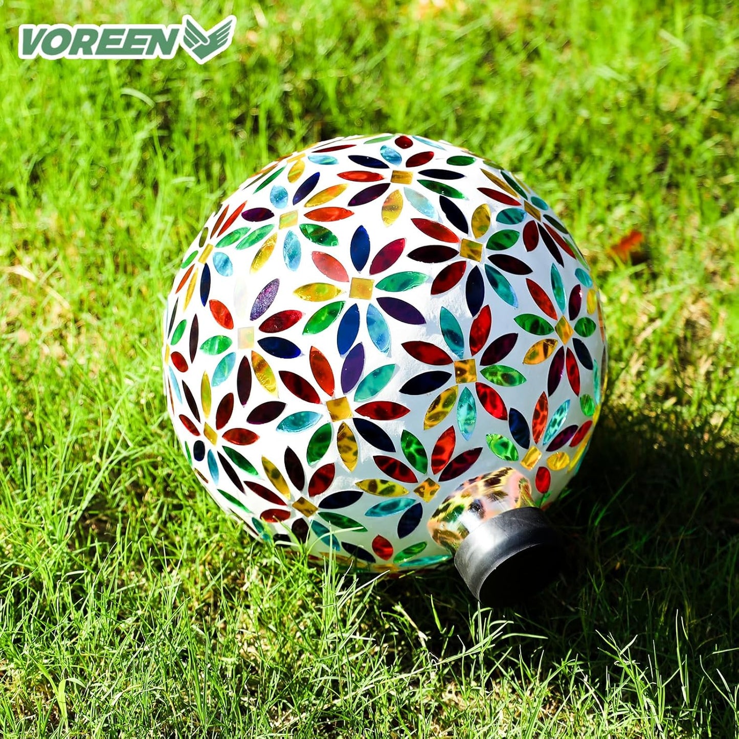VOREEN Mosaic Glass Gazing Ball Outdoor Gazing Globe, Handmade Reflective Ball Yard Decoration for Homes, Patio, Lawn and Gardens, Gift for Mom Wife Friend, 10-Inch, Multi Colored Flowers Design