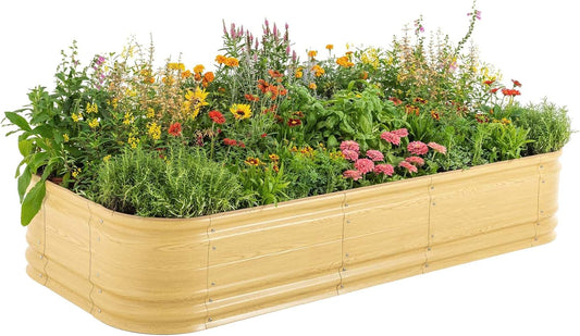 Vego garden 17" Tall 10 in 1 Novel Modular Raised Garden Bed Kit, Metal Planter Box for Vegetables Flowers Herbs, Included 2 in 1 Wrench & Magnetic Plant Tags, Sunlit Oak