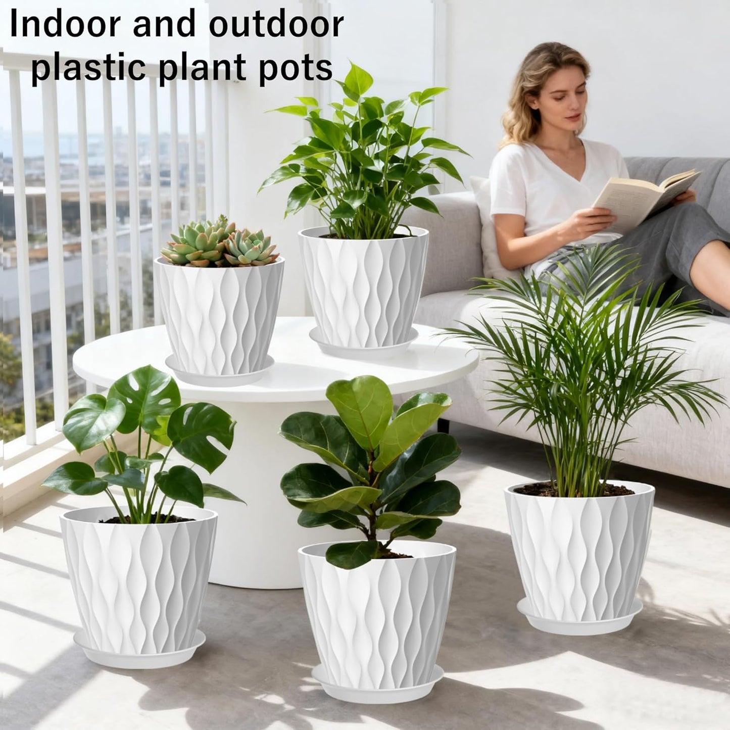 7 Inch Plant Pots 5 Pack, Plastic Flower Pots with Drainage Holes Saucers, Indoor Outdoor Planters for Plants, Lightweight Durable,White