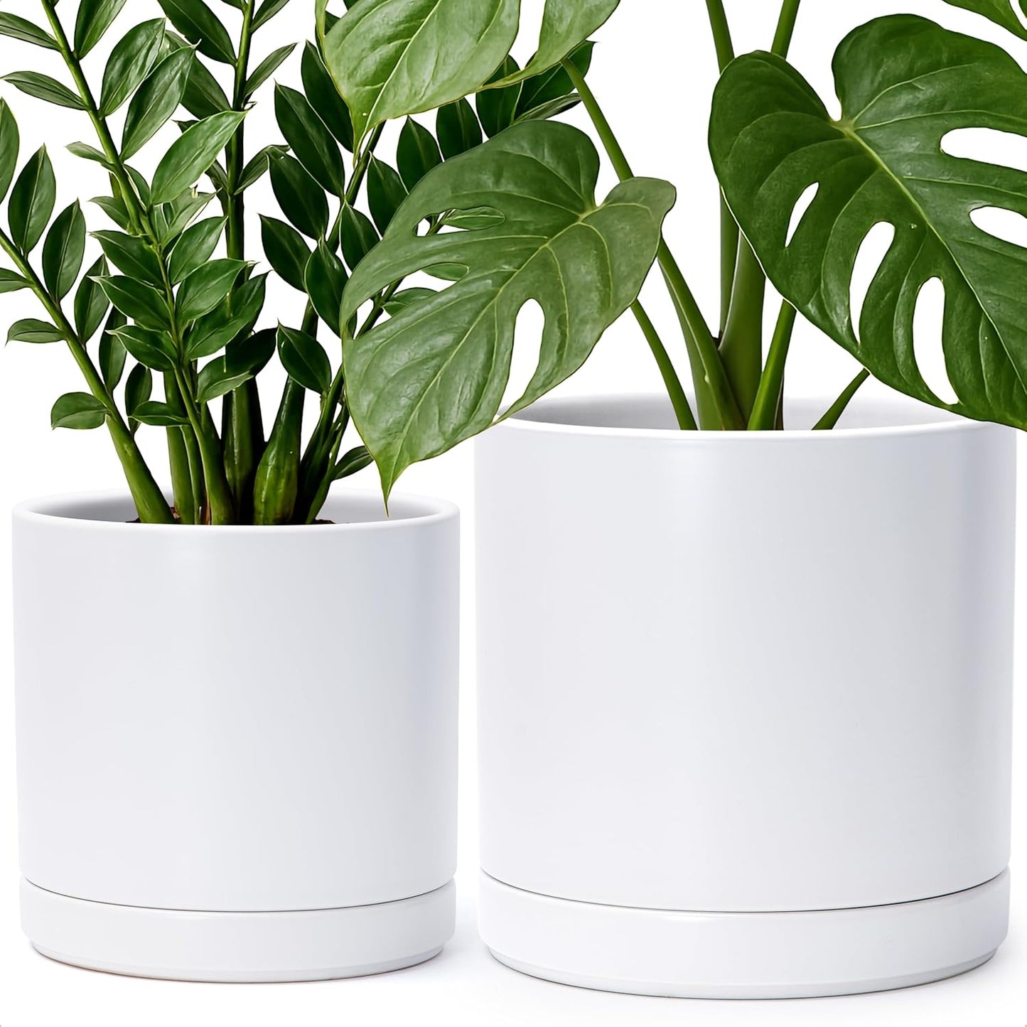 D'vine Dev 8.2 Inch & 10 Inch Ceramic Planter Pot for Plants with Drainage Hole and Saucer, Large Plant Pots Set, White, 94-G-L-1