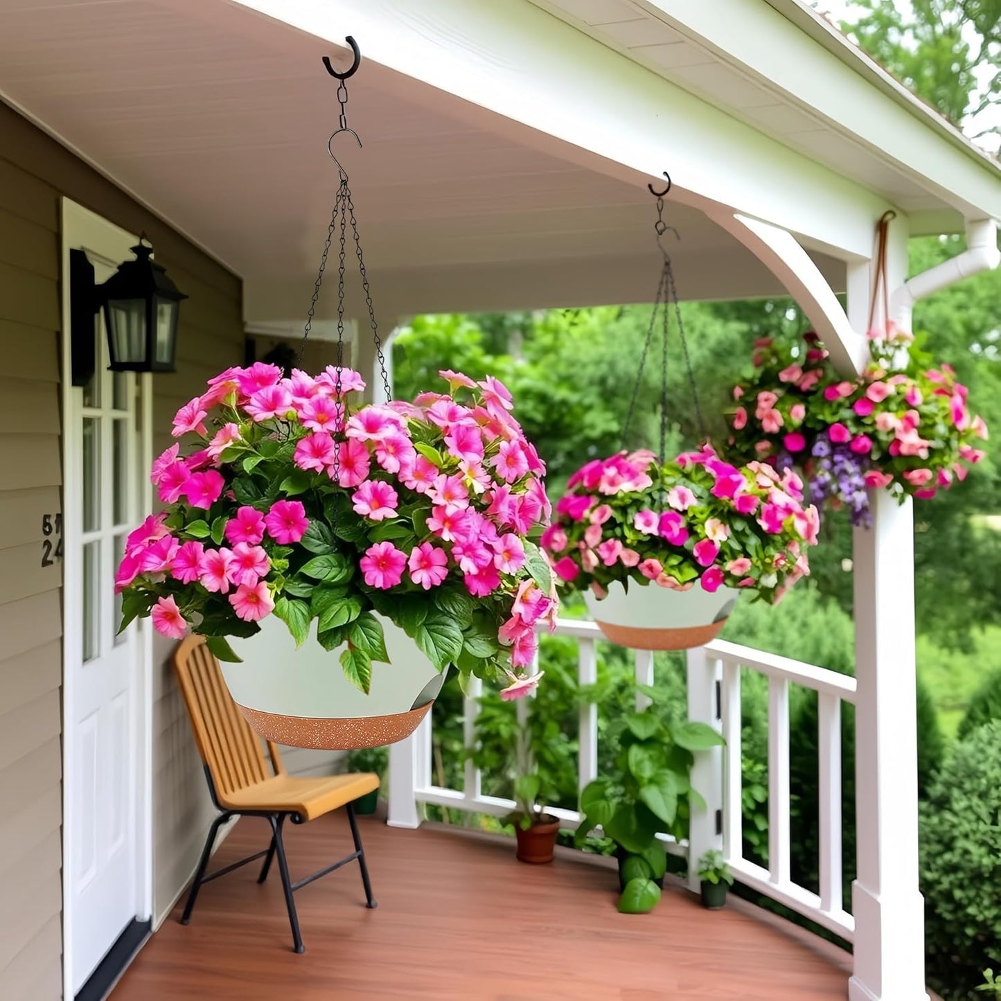 2 Pack 12 Inch Large Hanging Planters with Chains Self Watering Green Brown Plastic Hanging Pots for Indoor Outdoor Plants, Garden Porch Home Decor，Green Brown