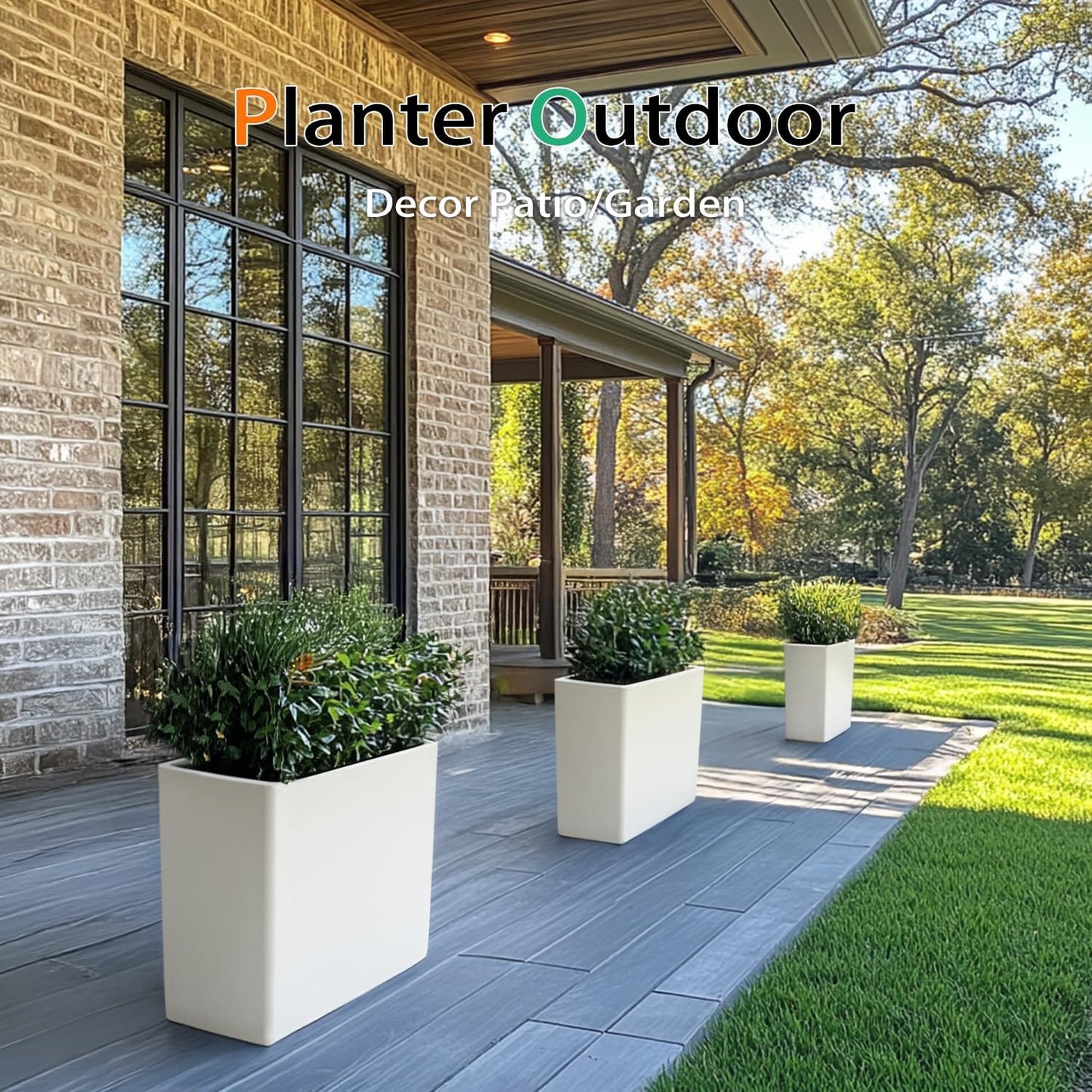 Rectangular Planter Box for Outdoor Plants, Large Tall Resin Flower Pots for Garden, Front Porch, Patio, Indoor (White, 25 x 21 inch)