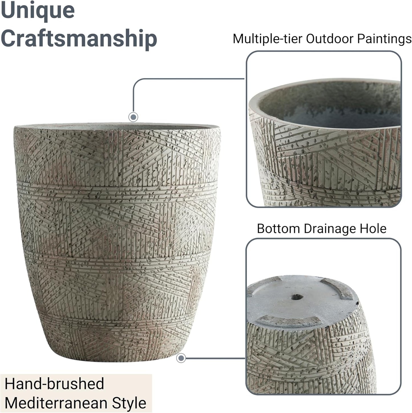 17.7"+13.8"+9.8" Dia Round Concrete Planter Set of 3, Large Indoor Outdoor Planter, Flower Pots with Drainage Holes and Sealing Plug for Garden, Patio, Home, Office Weathered Concrete Gray