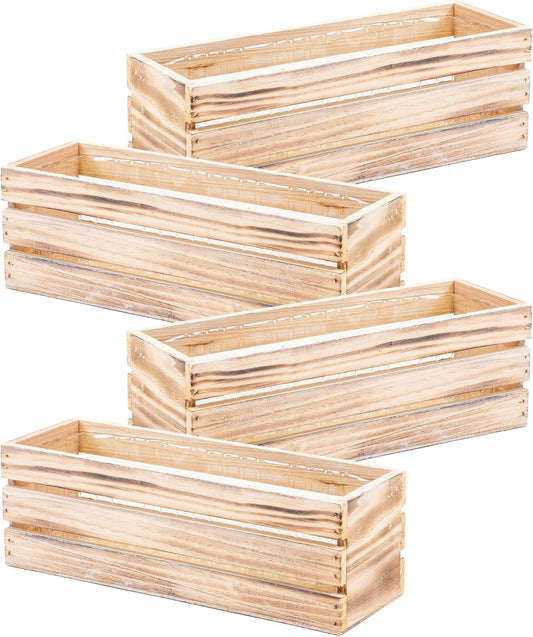 Wood Planter Box with Wine Crate Styled, 12x4 Inch Rectangular, Whitewash, Plastic Liner, Garden Centerpiece Display, Wedding Flowers Holder, Home and Venue Decor (12x4 Wine Crate Set of 4, Whitewash)