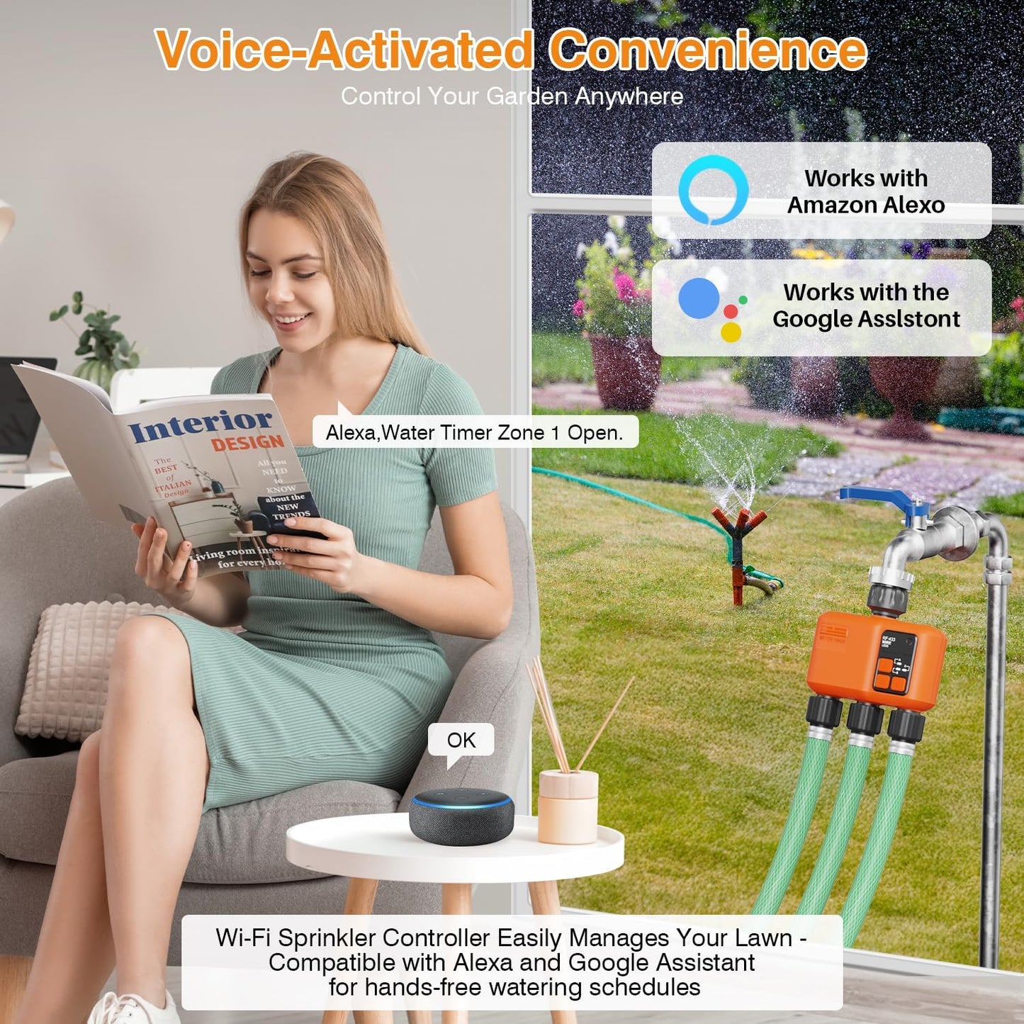 Smart WiFi Sprinkler Timer 3 Zone,WiFi Water Timer for Garden Hose with 984 FT Range,APP & Remote Control,Alexa & Google Voice Compatible,Rain Delay, Manual Mode Sprinkler System