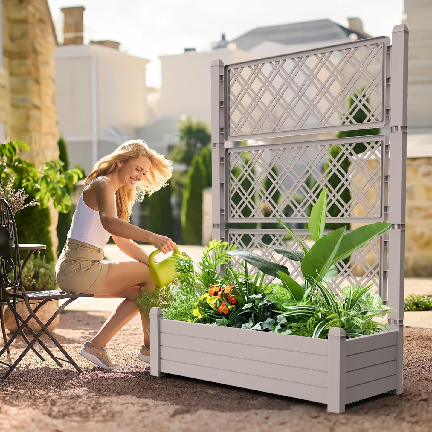 Elevated Raised Garden Bed,Outdoor Large Resin Patio Planter Box Stand Divisible with Drain Plug,Water Monitor for Plants Vegetables Flowers Fruits(Grey)