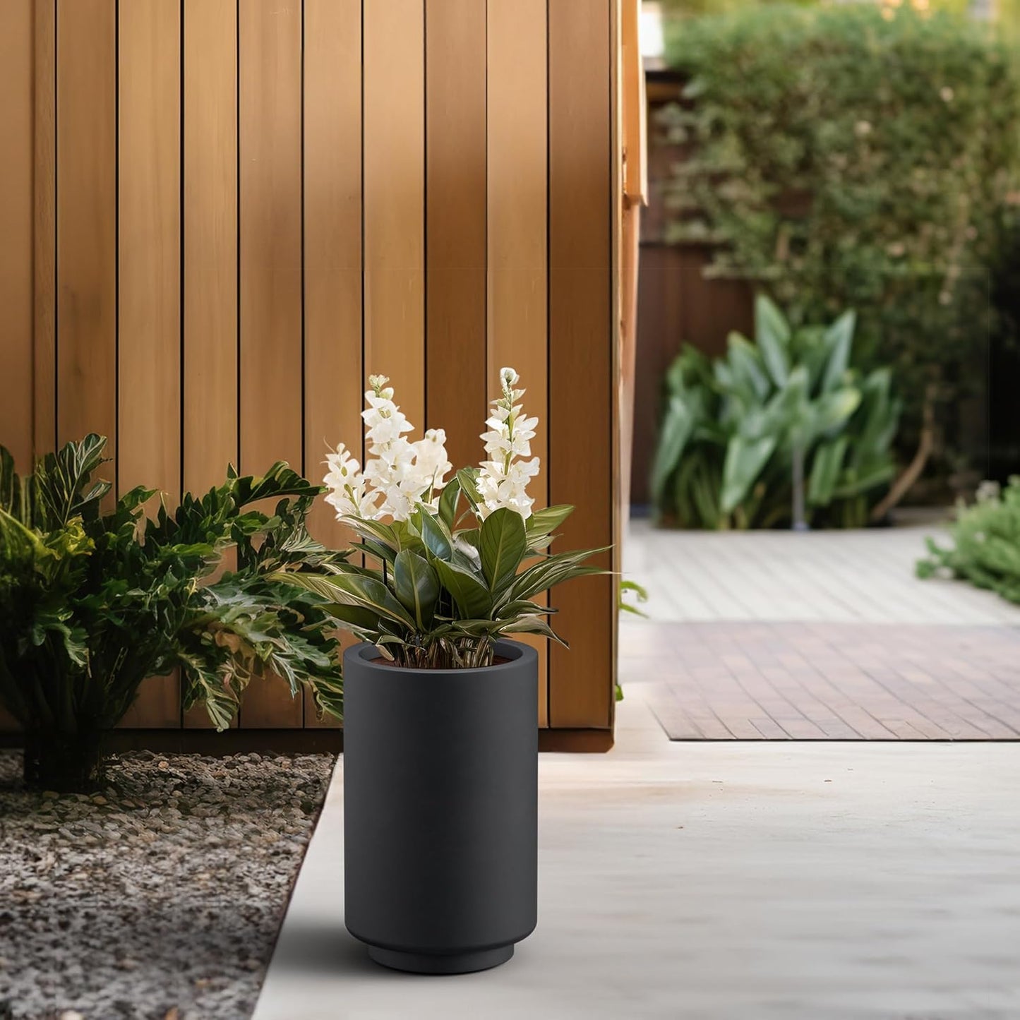 Kante 15.7 Inch Tall Concrete Planter, Round Pedestal Design Garden Pot for Indoor Outdoor Plants, Modern Garden Pot with Drainage Hole, Black Finish with Warm Brown Interior