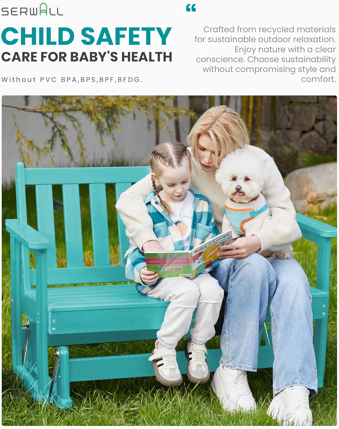 SERWALL Outdoor Glider Bench Set of 2, HDPE Weather-Resistant Swinging Bench for Backyard Garden Porch, Aruba