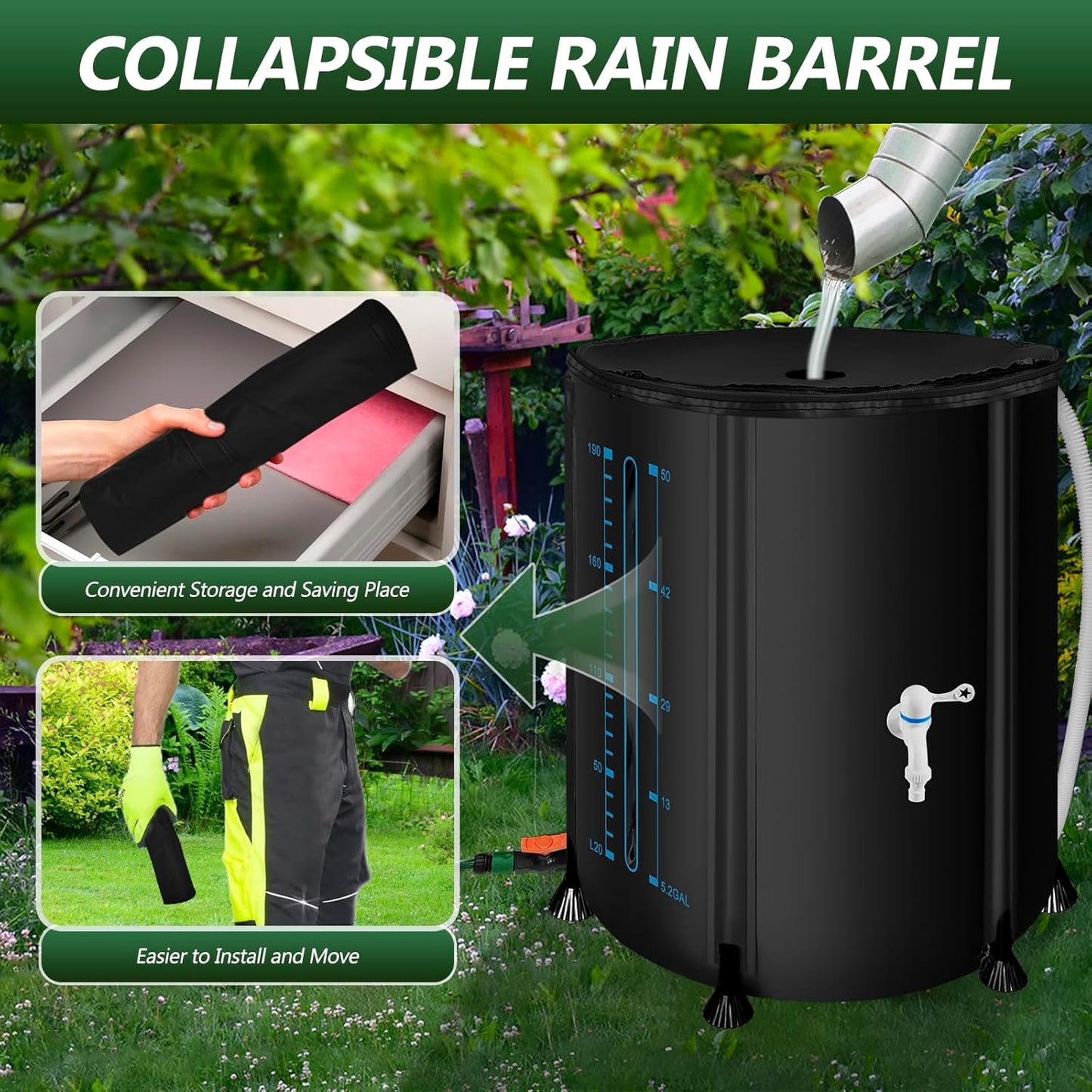 Collapsible Rain Barrel, 53 Gallon/200 L Portable Rain Water Collection Barrel, PVC Rainwater Collection System with Spigotst, Water Barrel with Bucket for Garden Water Catcher (Black, 53 Gallon)