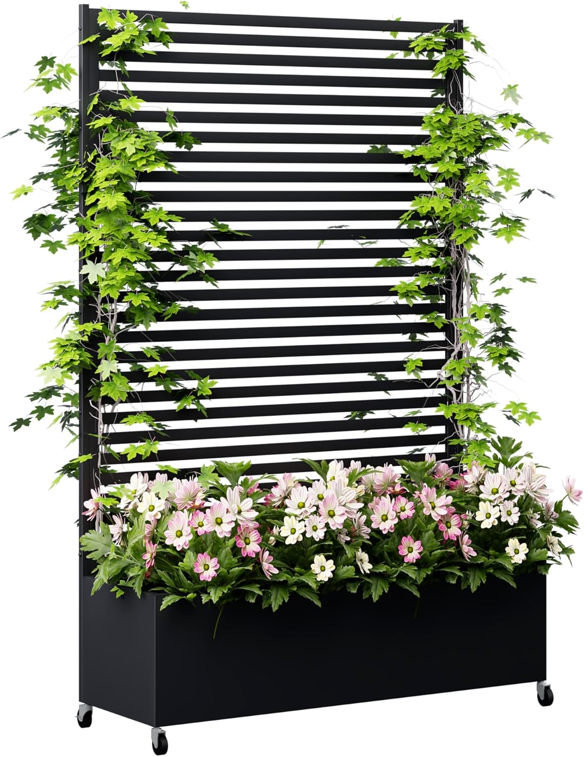 Metal Planter Box with Trellis Privacy Screen, Raised Garden Bed with Trellis & Wheels, Privacy Planters for Patio, Planter Box with Drainage Holes for Climbing Plants, Flower, 73"x 47"x 16", Black