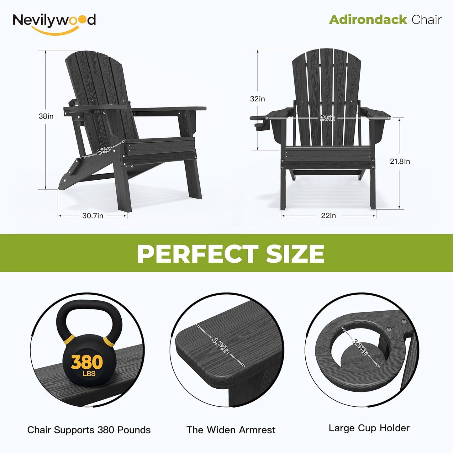 Folding Adirondack Chair - Extended Ergonomic Backrest, Cup Holder - Easy Assembly - Durable HDPE Plastic, Weather Resistant & Maintenance-Free - Lawn, Patio, Deck Supports 380lbs Black