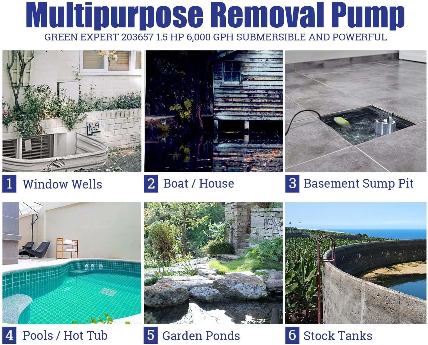 Green Expert 1.5HP Submersible Sump Pump 6000GPH High Flow Full 304 Stainless Steel with tethered Float Switch for Automatically Water Draining in Flooded Basement Pit Sewage Sink Pool Hot Tub