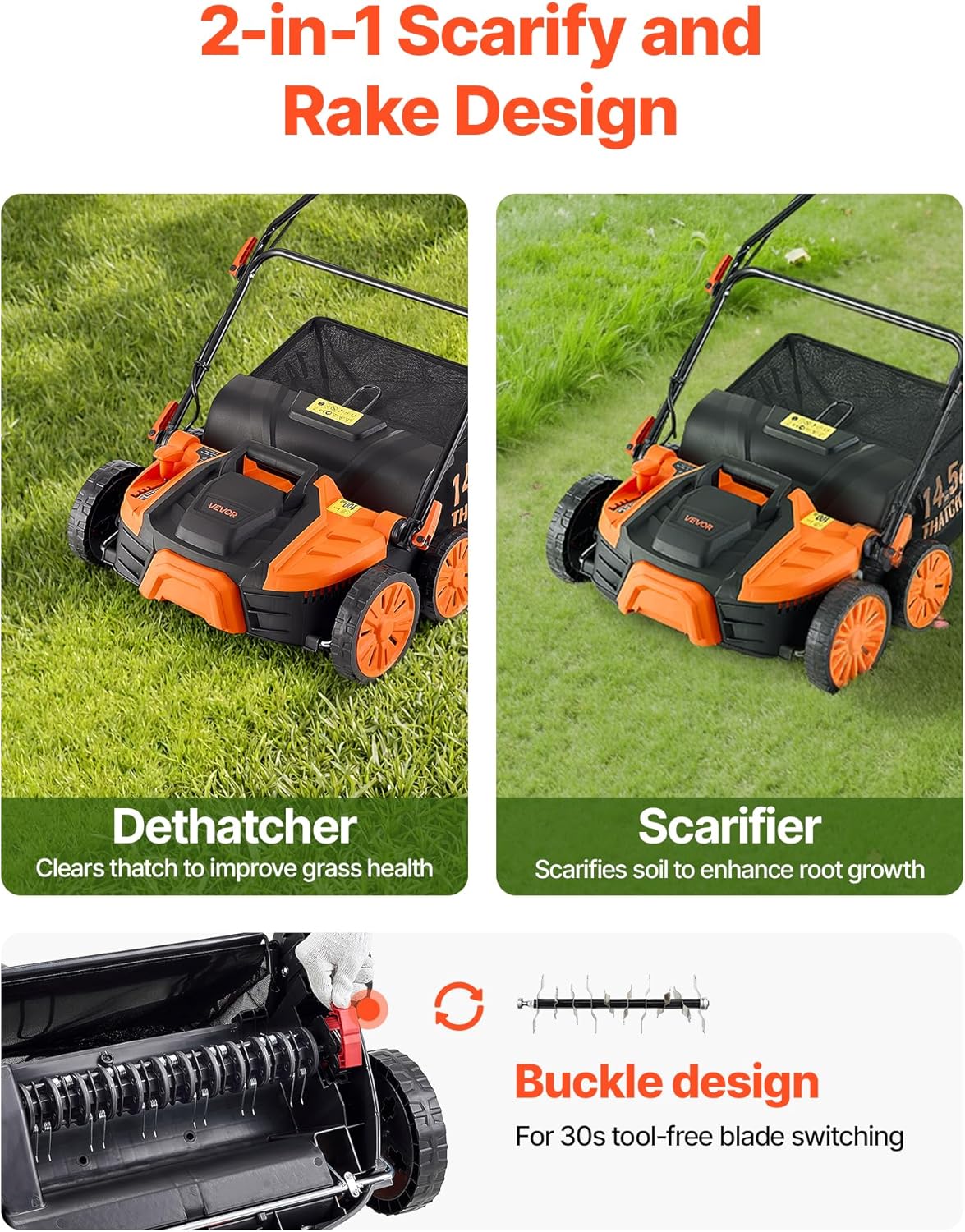 VEVOR 2-in-1 Electric Dethatcher and Scarifier, 16-Inch 15 Amp, Corded Lawn Dethatcher with 14.5-Gallon Thatch Collection Bag, 5-Position Depth Adjustment, Walk Behind Machine for Garden Yard Grass
