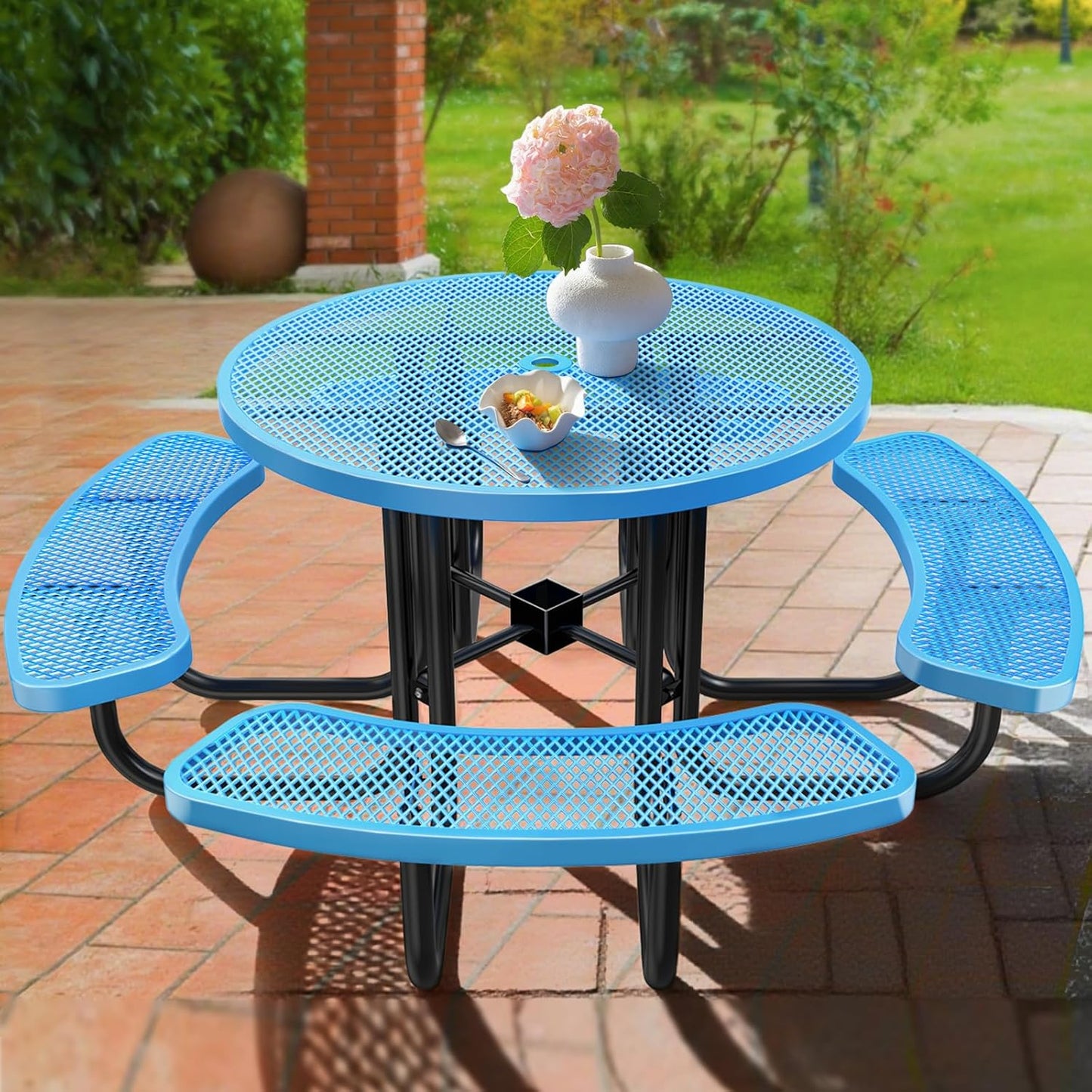 Heavy-Duty Park Bench or Table for Outside - Black Coated Outdoor Furniture Steel Bench, Commercial-Grade Outdoor Benches Weatherproof for Park, Patio, Porch (Blue, 46” (Rd. Table))