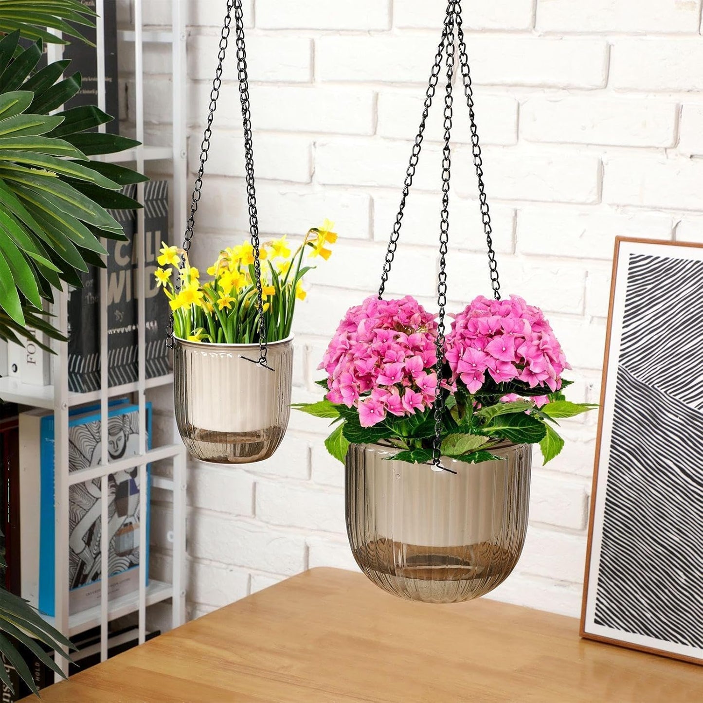 Maxcheck 4 Pcs Self Watering Hanging Planters Indoor Gift 6.5'' 4.5'' Hanging Flower Pots Baskets Outdoor Self Watering Plant with 3hooks Drainage Holes for Home(Emerald,Grey)