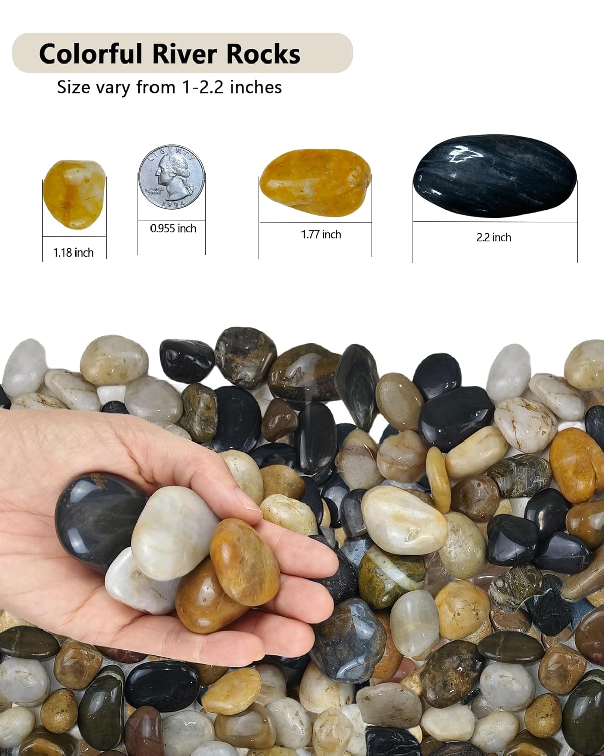 45LB Bulk Polished River Stones, 1"–2.2" Mixed Color Decorative Pebbles for Plants, Aquarium Gravel, Landscaping, Garden Pathways & Vase Filler