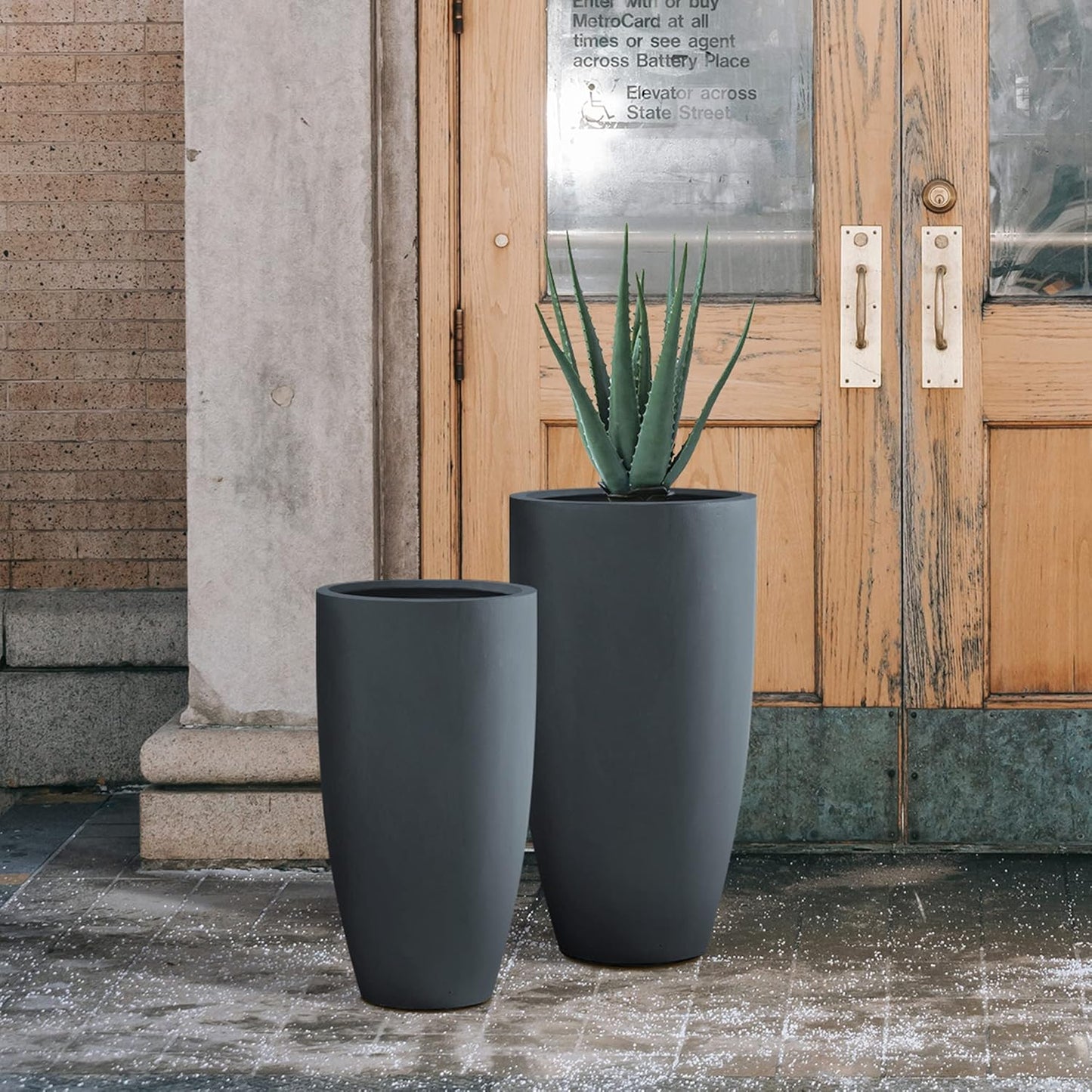 Kante 31.4" and 23.6" H Charcoal Finish Concrete Tall Planters Large Outdoor Indoor Decorative Plant Pots with Drainage Hole and Rubber Plug, Modern Tapered Style for Home and Garden