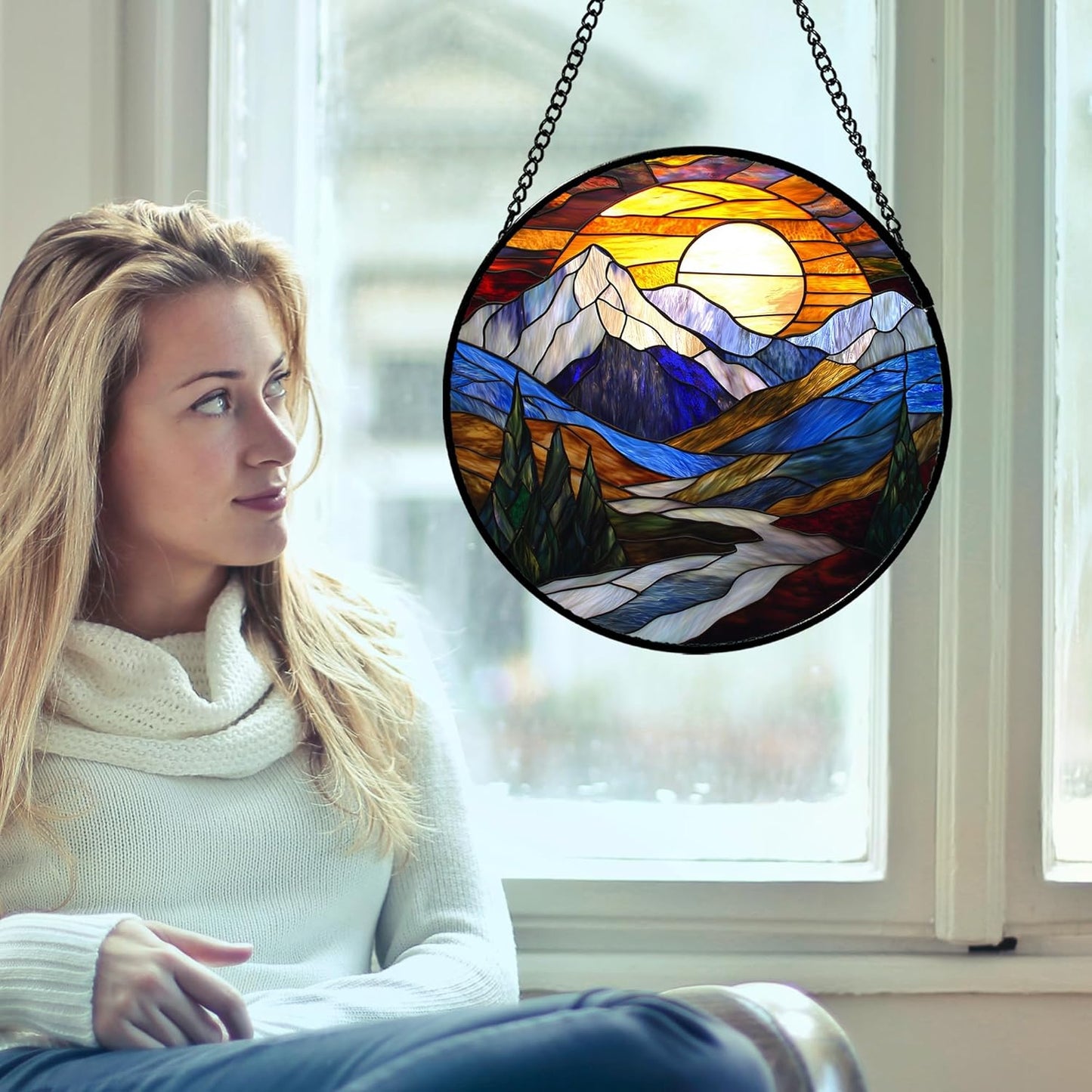 Stained Glass Window Hanging, Yellow Blue Sunset Mountains Scenery Sun Catcher for Window Home Decor Landscape Suncatcher Mother's Day Birthday Gifts for Women Men Mom and Nana 9.8 in