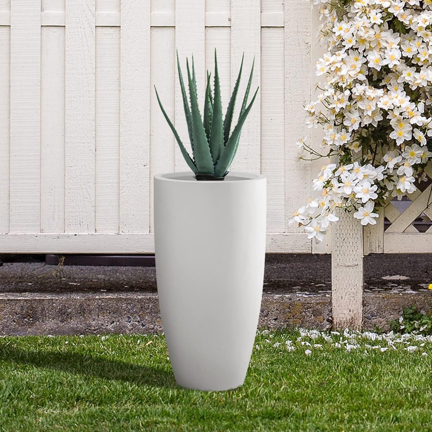 Kante 23.6" H Pure White Finish Concrete Tall Planters Large Outdoor Indoor Decorative Plant Pots with Drainage Hole and Rubber Plug, Modern Tapered Style for Home and Garden