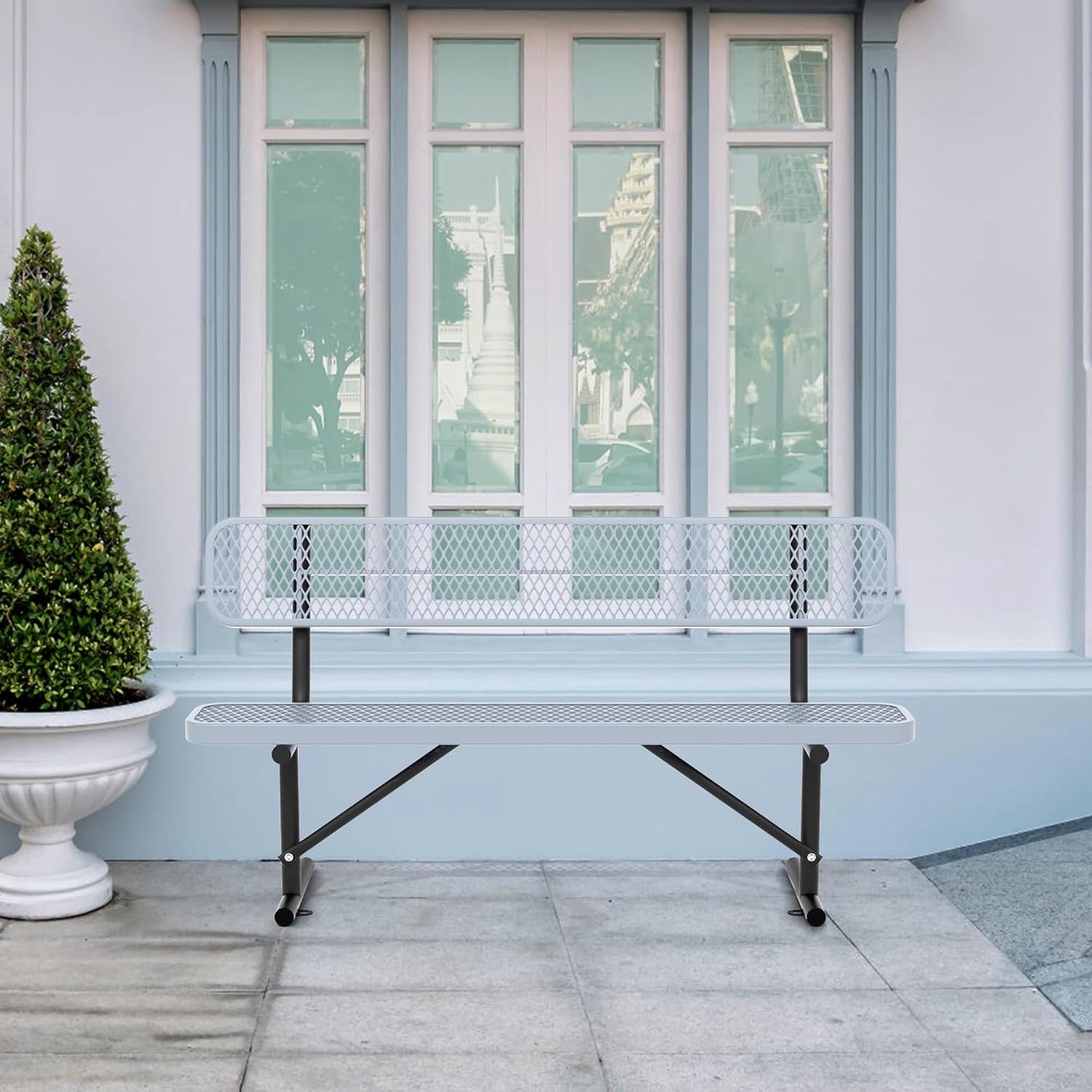 6 Feet Heavy Duty Metal Park Bench for Outside, Outdoor Bench with Backrest & Portable Frame, Commercial Benches for Shopping Malls, Stores, Parks, Patios, Decks, Grey