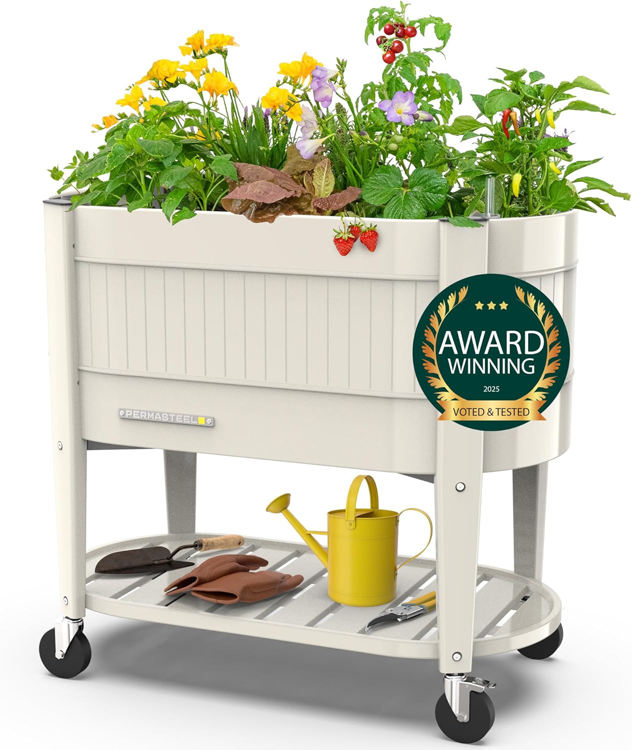 Permasteel Raised Garden Bed with Legs, 40×20×37 in, Planter Box with EnGrow™ TrueSoil™ Technology for Vegetables, Flowers, Herbs, and Fruit, Outdoor Indoor, Storage Shelf, Ivory