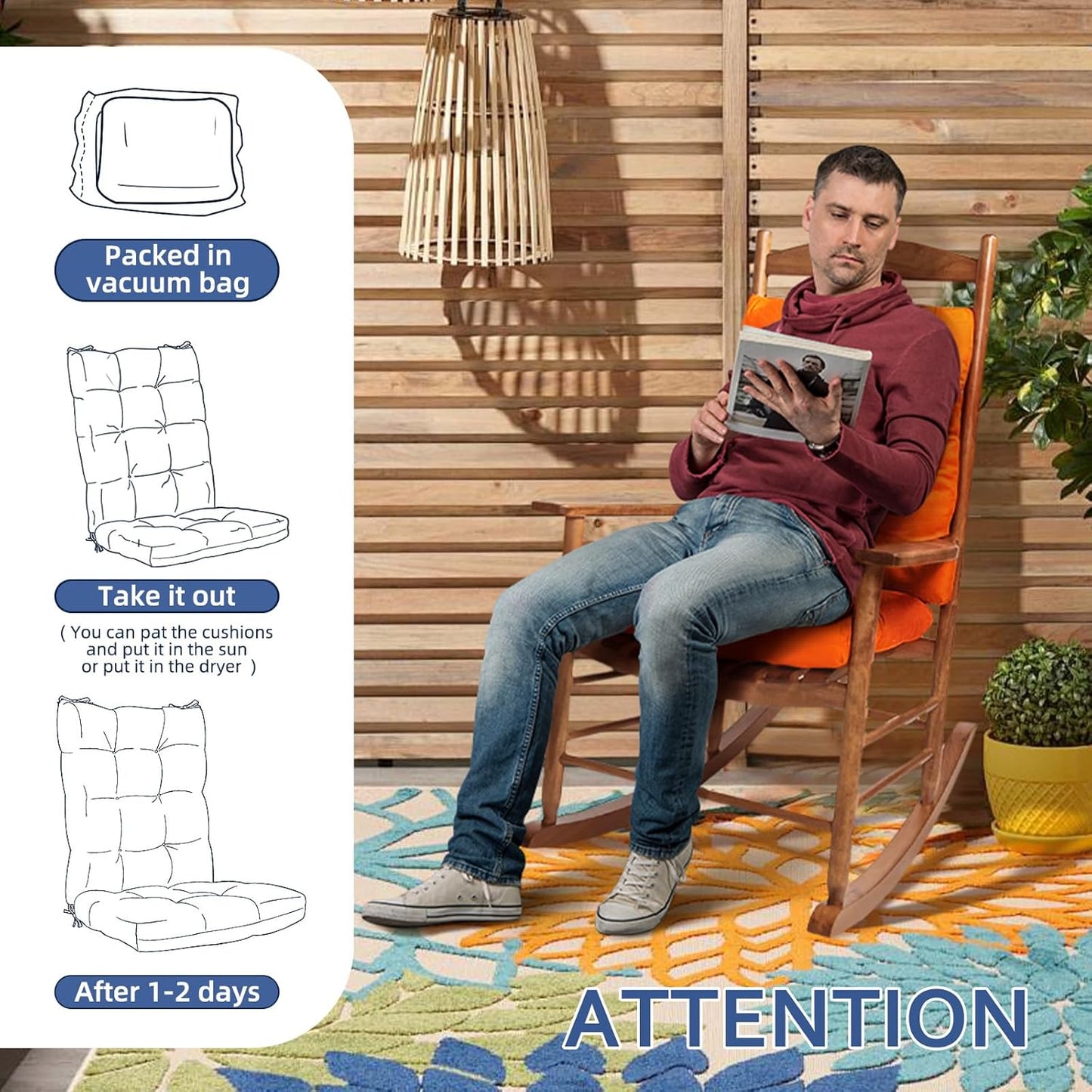 Patio Seat Cushions Set of 1, Indoor Outdoor Furniture Cushions, Tufted Rocking Chair Cushion Pad, Orange