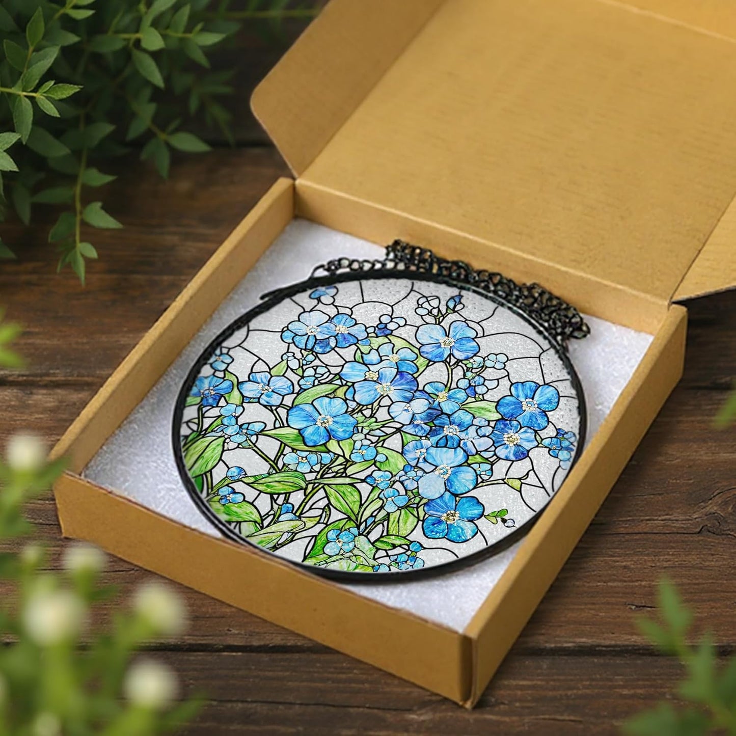 Stained Glass Window Hanging, 8 Inch Forget Me Not Stained Glass Suncatcher, Window Hanging Decor, Flower Sun Catchers, Gifts for Flower Lover, Birthday Gifts for Lover, Friend, Family, Teacher