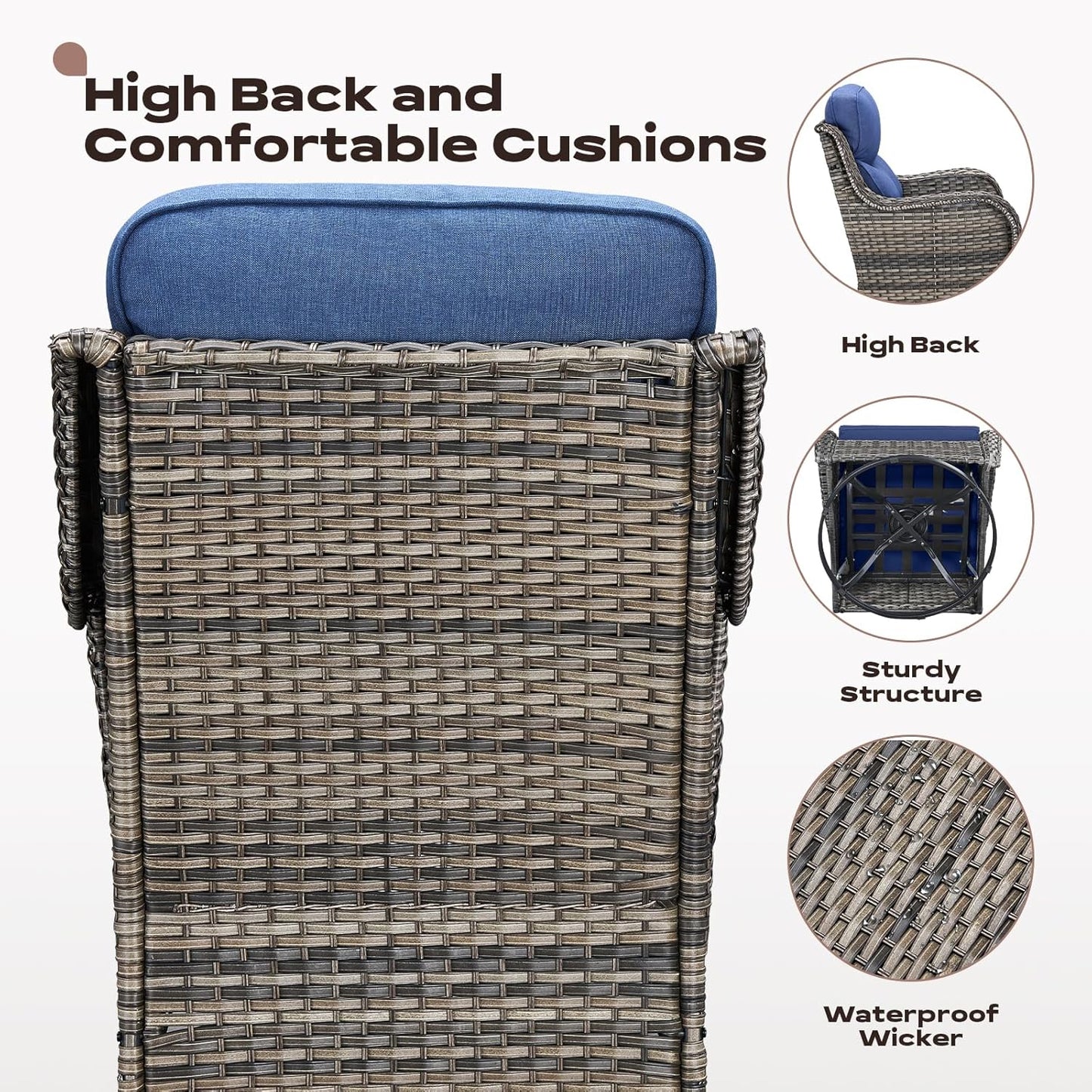 Wicker Outdoor Patio Furniture Set - 5 Piece Patio Conversation Sets with Swivel Rocker Chairs, Ottomans and Side Table, 6 inch Cushions, Waterproof Wicker, for Porch Deck Mixed Grey/Blue