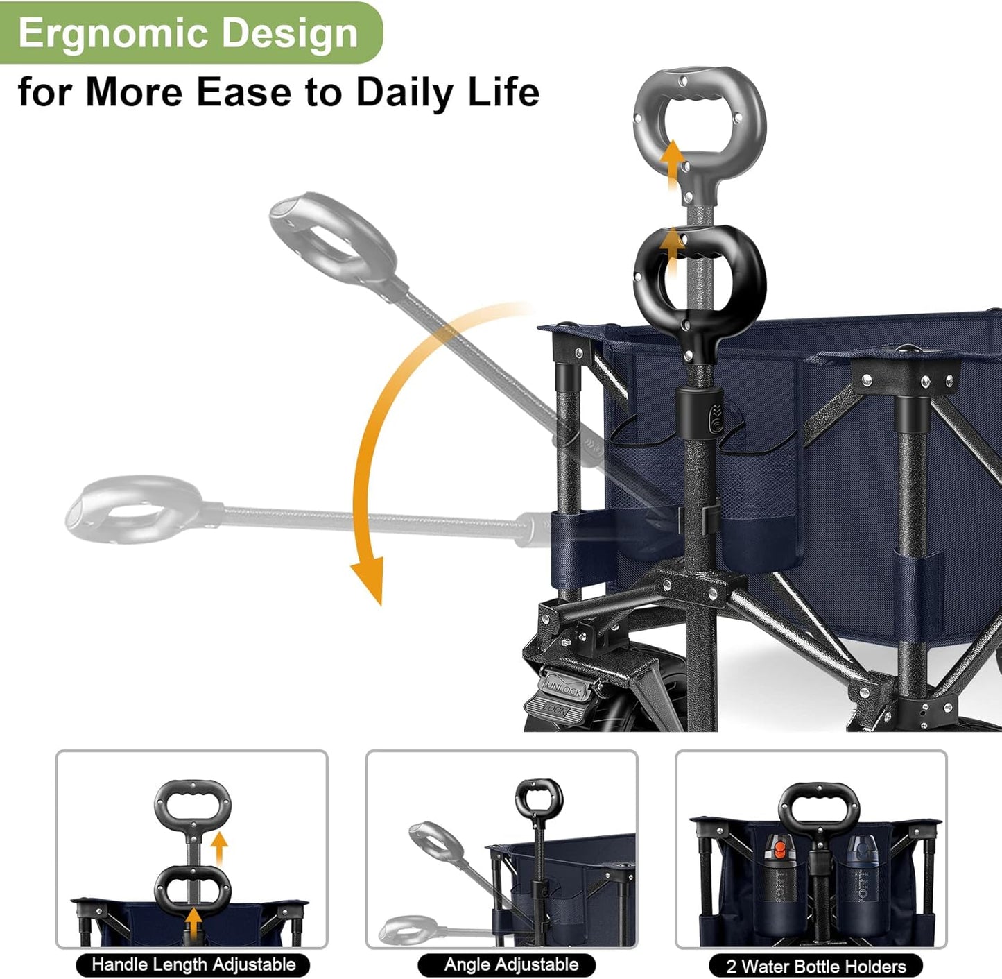 LUXCOL Collapsible Folding Wagon, Heavy Duty Utility Beach Wagon Cart for Sand with Big Wheels, Adjustable Handle&Drink Holders for Shopping, Camping,Garden and Outdoor Dark Blue