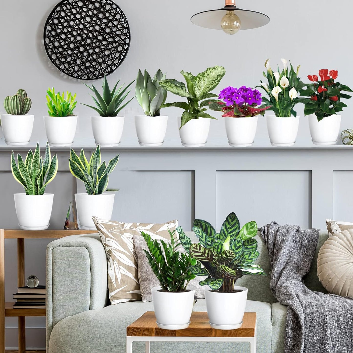 Plant Pots, 12 Pack 6 inch Modern Plastic Planters with Drainage Holes and Saucers for Indoor Outdoor Plants and Flowers, White