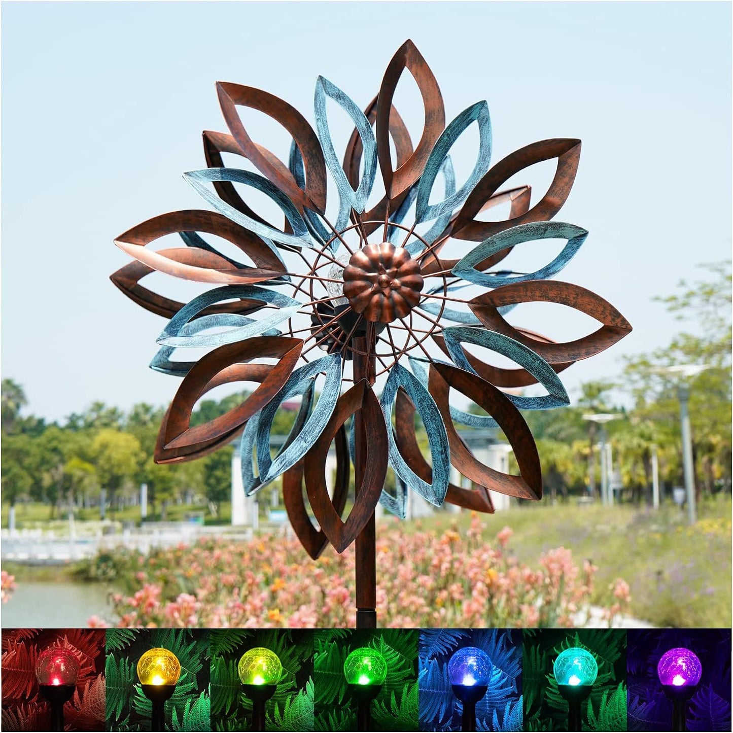 Yard Garden Wind Spinners with Solar Lights, Large Outdoor Metal Wind Spinners, Lawn Yard Art Garden Decor (22" W x 87" H)